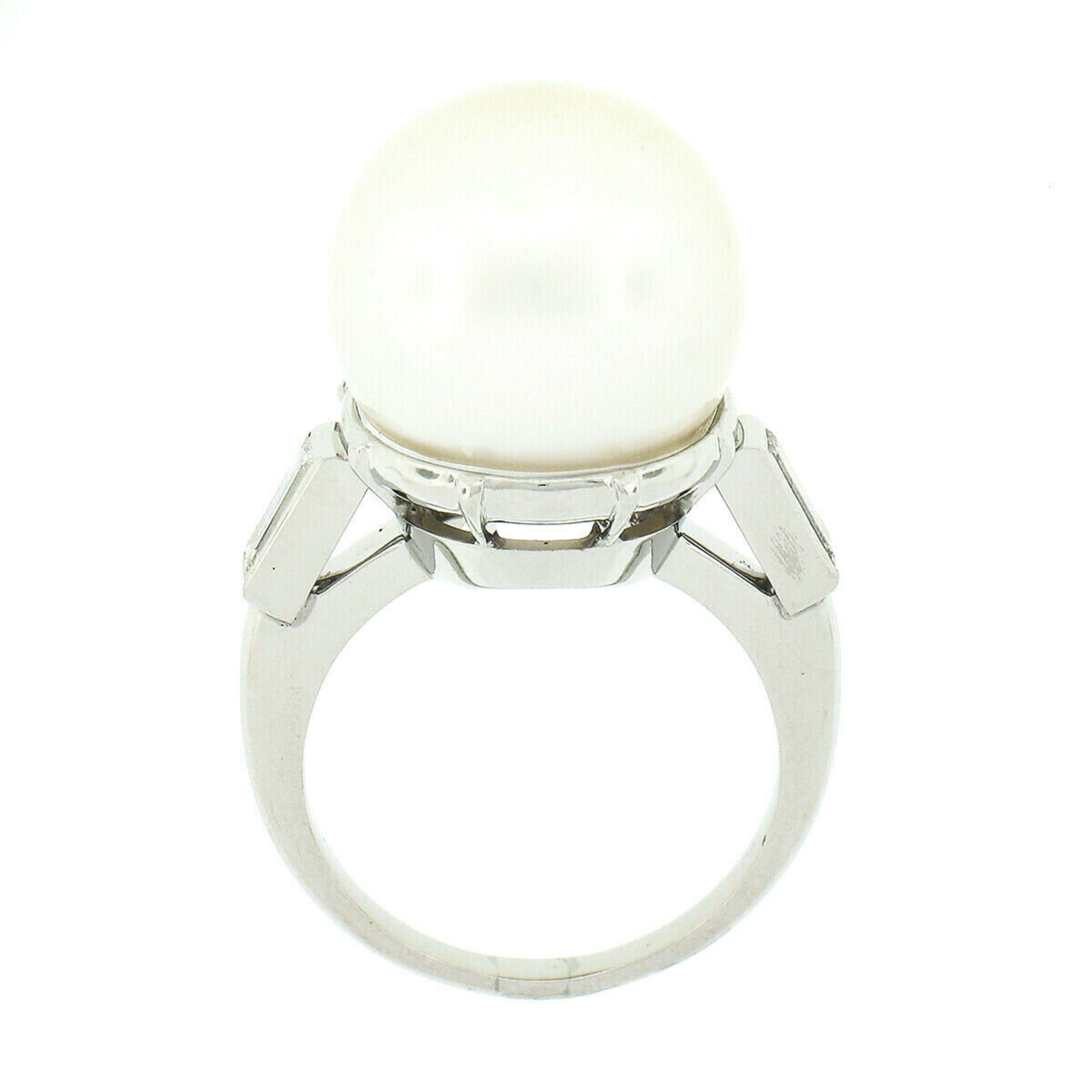 Vintage Platinum GIA Saltwater White Pearl Solitaire Baguette Diamond Ring For Sale 1