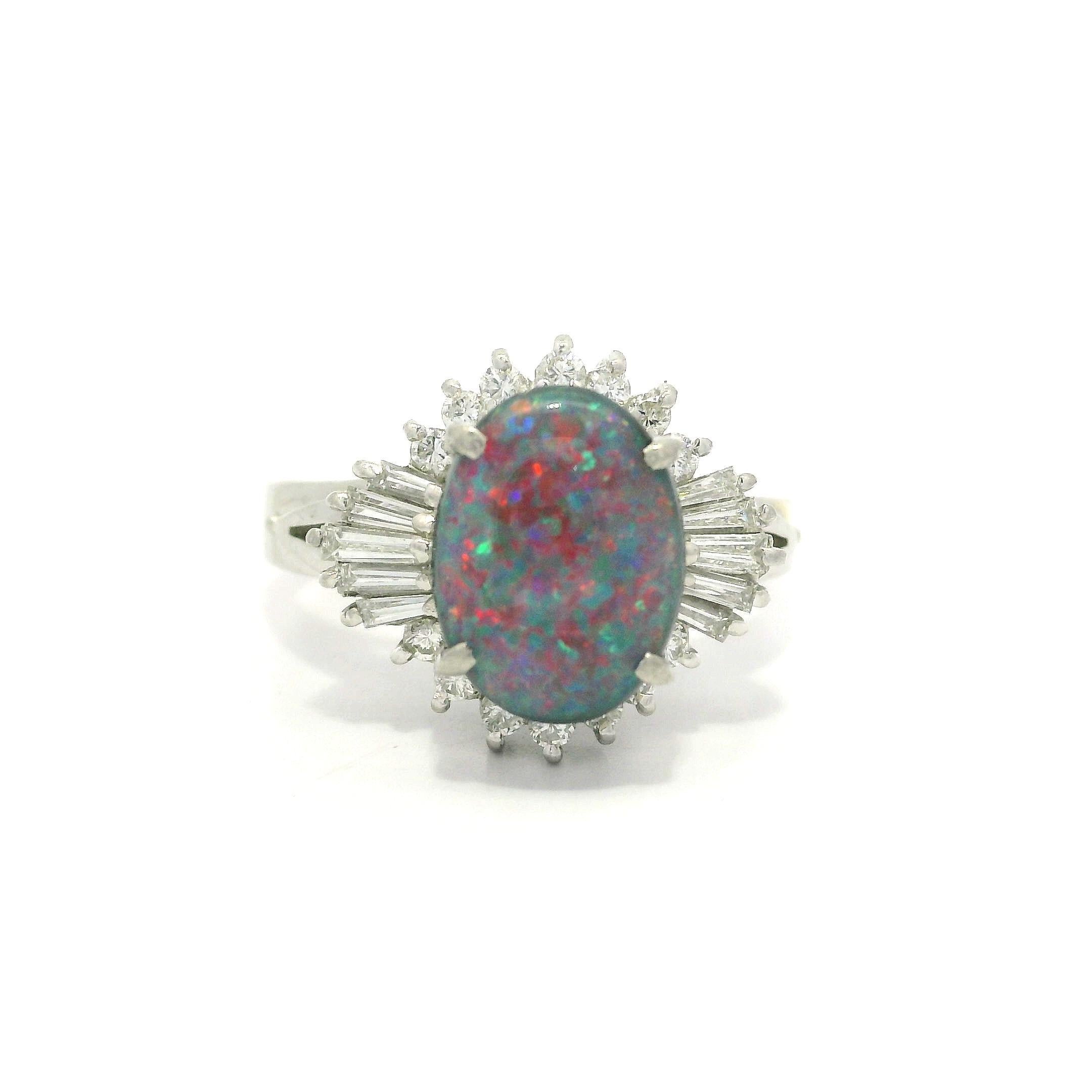Vintage Platinum GIA 1.66ctw Black Opal w/ Red Blue Color Play & Diamond Ring