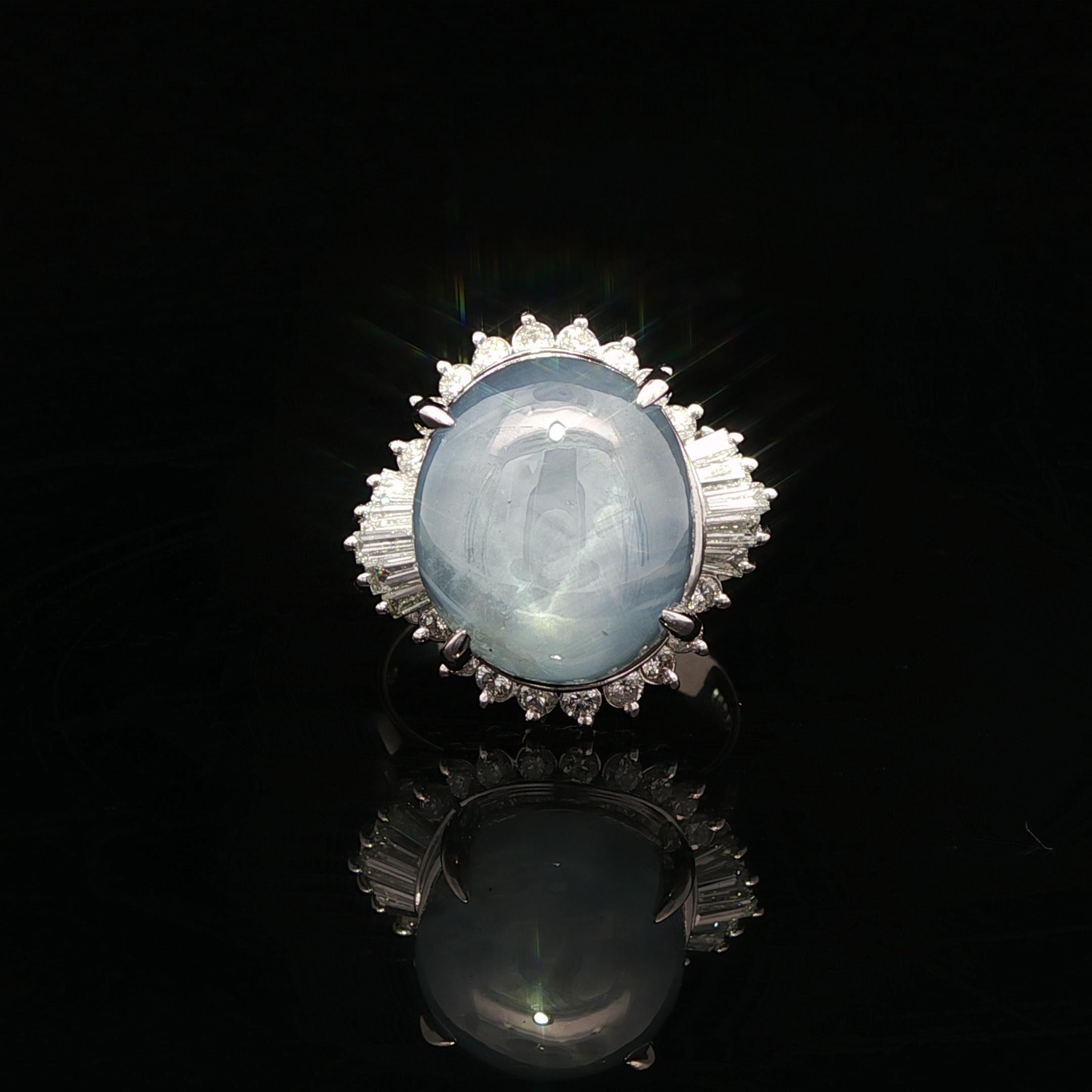 Anillo con halo de diamantes y zafiro estrella azul cabujón vintage de platino GIA 17,45 ctw en venta 11