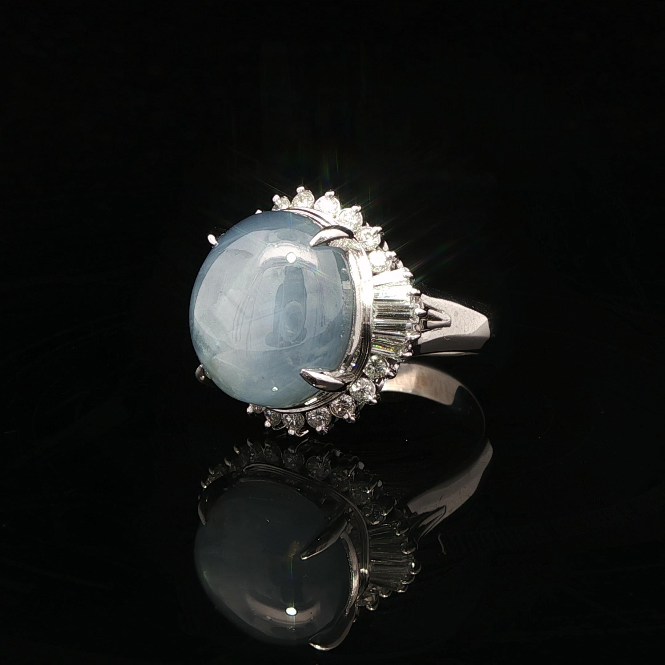 Anillo con halo de diamantes y zafiro estrella azul cabujón vintage de platino GIA 17,45 ctw en venta 1