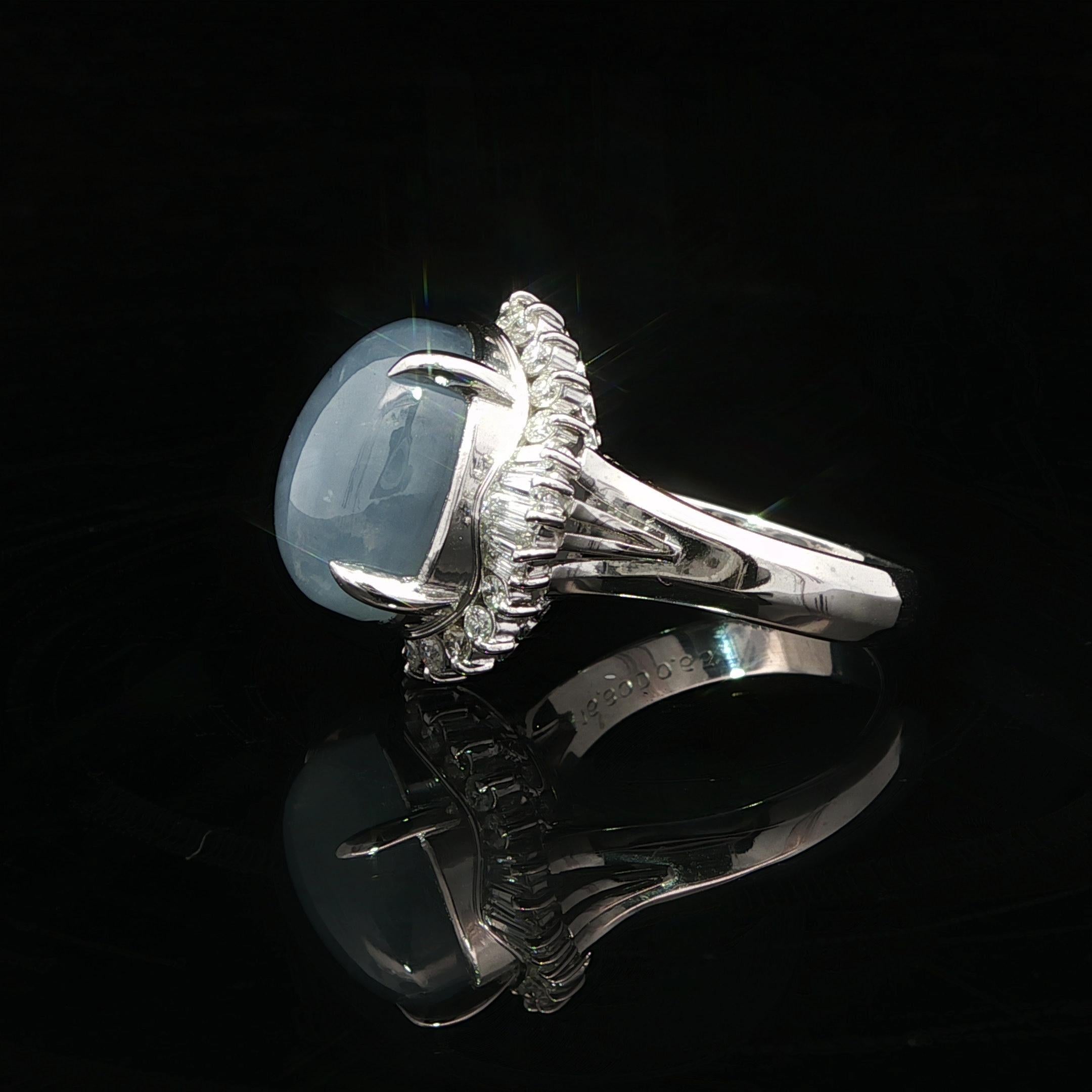 Anillo con halo de diamantes y zafiro estrella azul cabujón vintage de platino GIA 17,45 ctw en venta 2