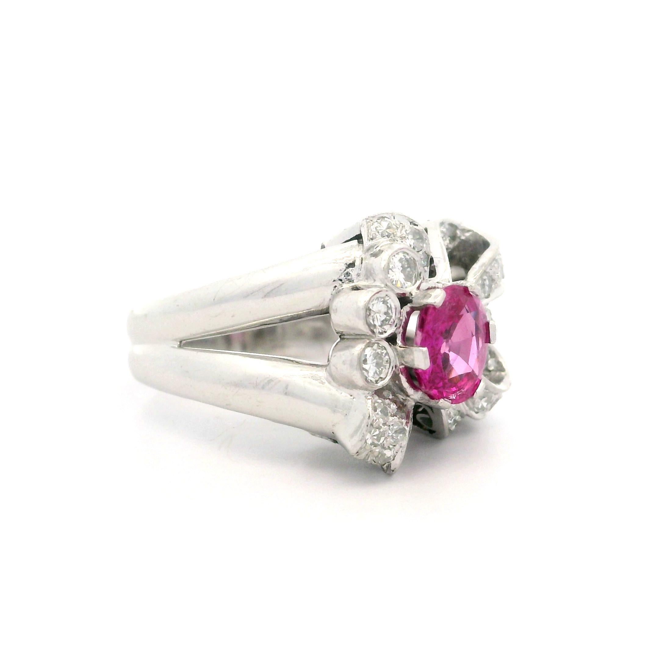 Vintage Platinum GIA 1.90ct Burma No Heat Pink Sapphire Diamond Ribbon Bow Ring For Sale 6