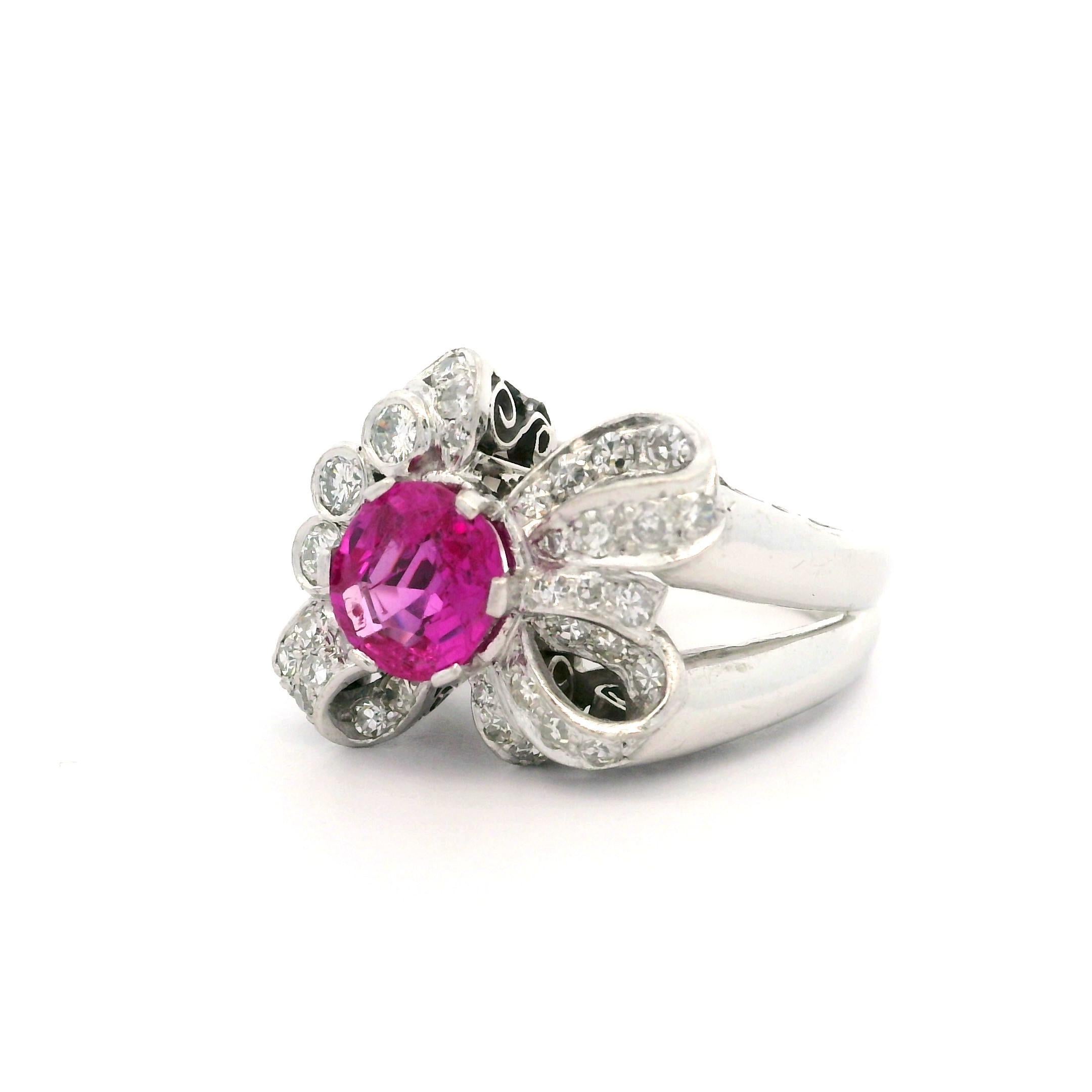 Vintage Platinum GIA 1.90ct Burma No Heat Pink Sapphire Diamond Ribbon Bow Ring For Sale 7