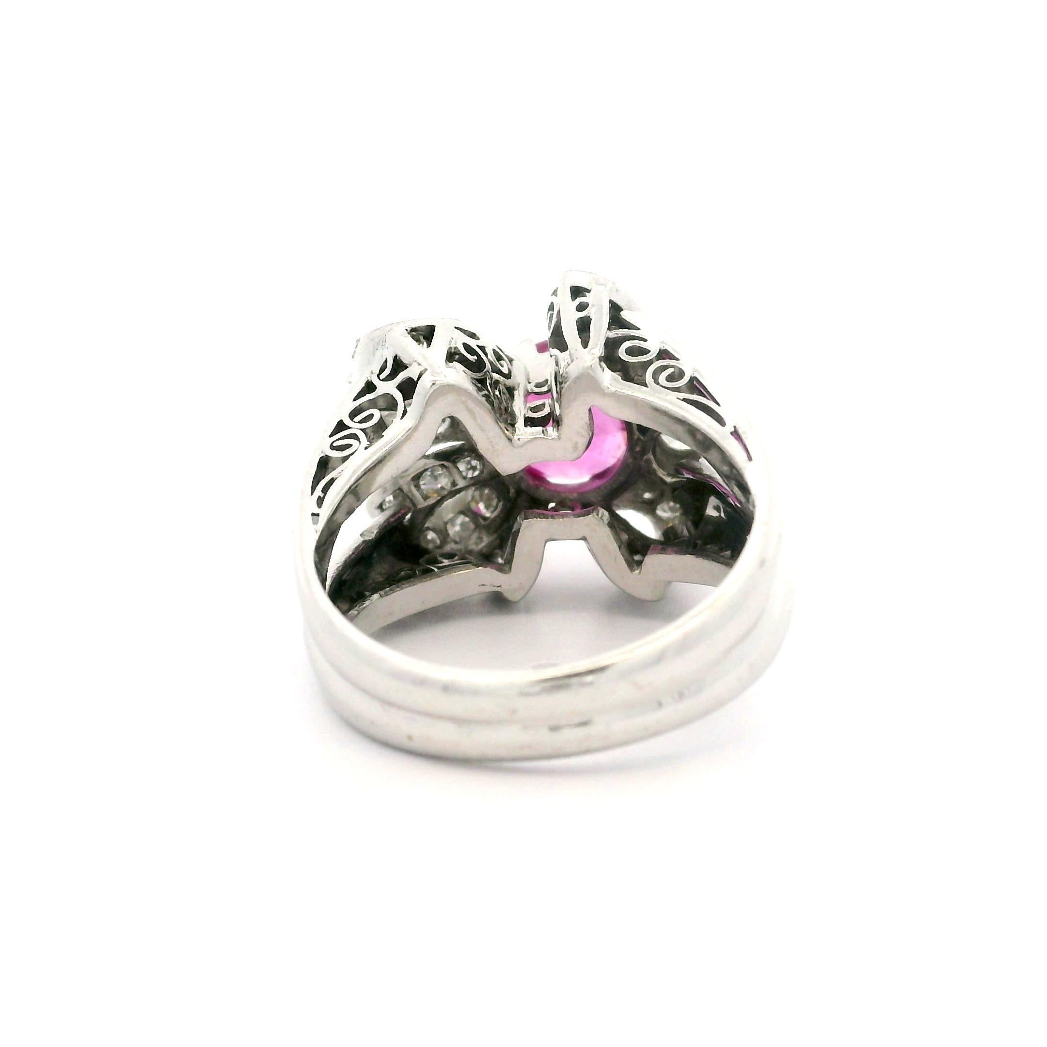 Vintage Platinum GIA 1.90ct Burma No Heat Pink Sapphire Diamond Ribbon Bow Ring For Sale 8