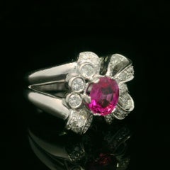 Vintage Platinum GIA 1.90ct Burma No Heat Pink Sapphire Diamond Ribbon Bow Ring