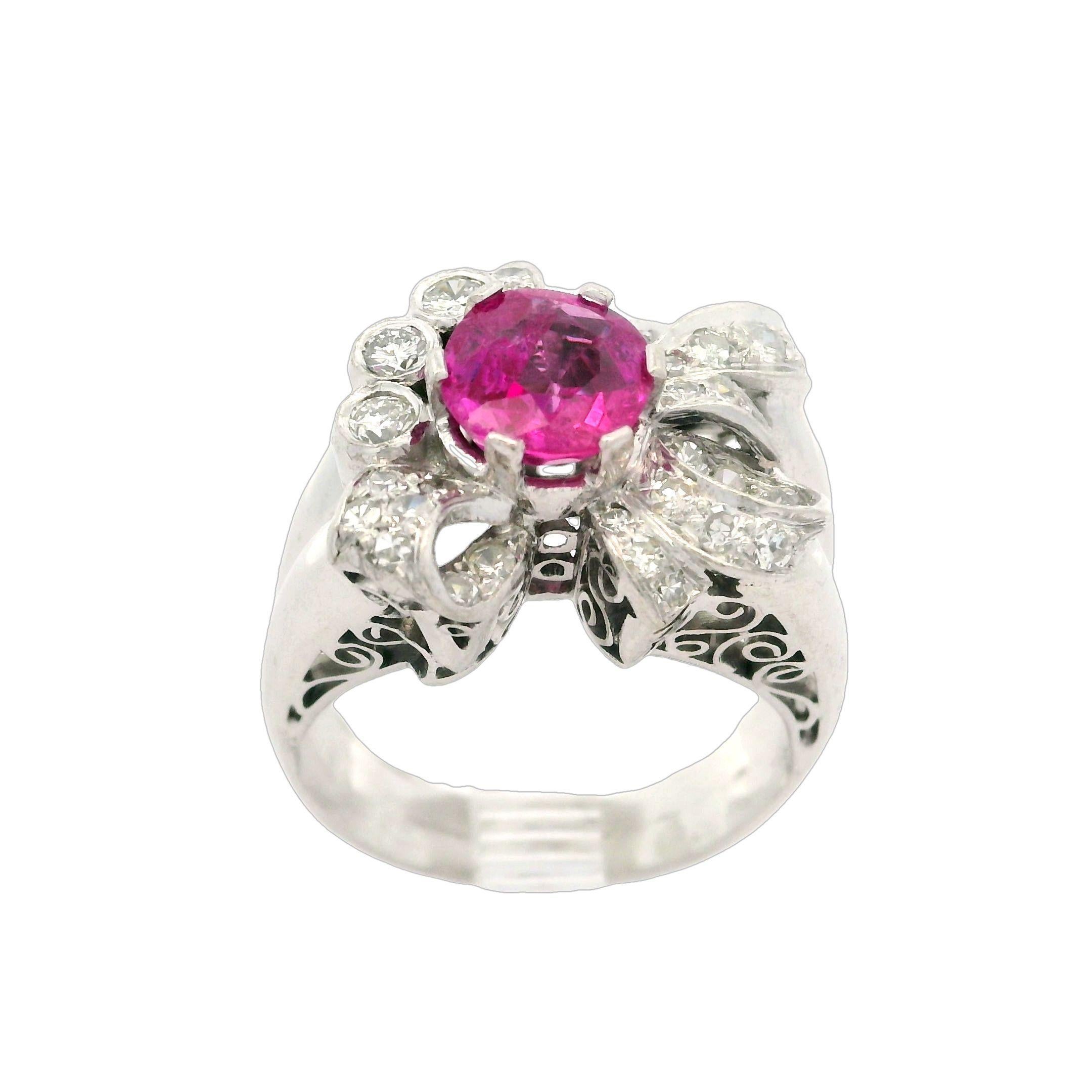 Women's Vintage Platinum GIA 1.90ct Burma No Heat Pink Sapphire Diamond Ribbon Bow Ring For Sale