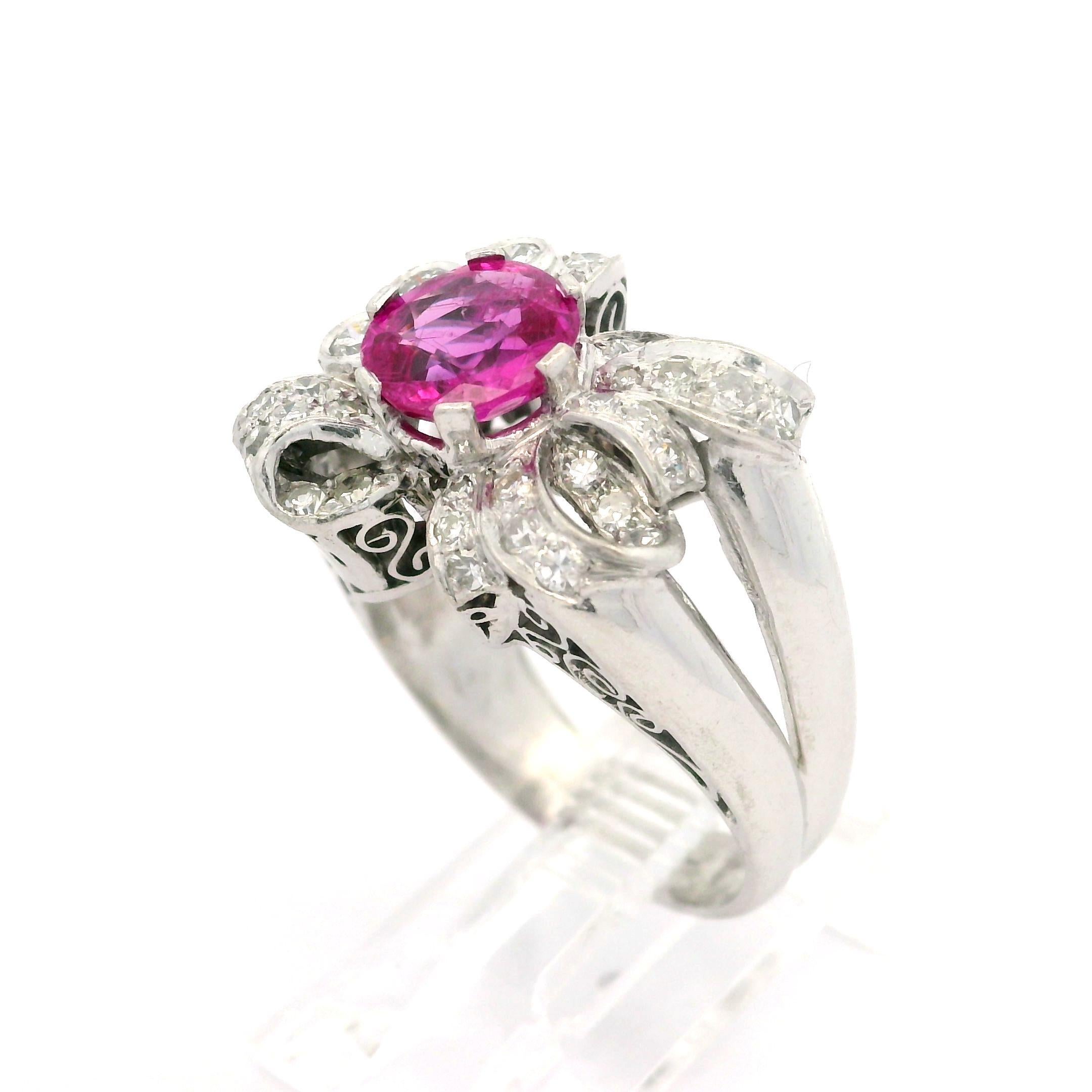 Vintage Platinum GIA 1.90ct Burma No Heat Pink Sapphire Diamond Ribbon Bow Ring For Sale 1