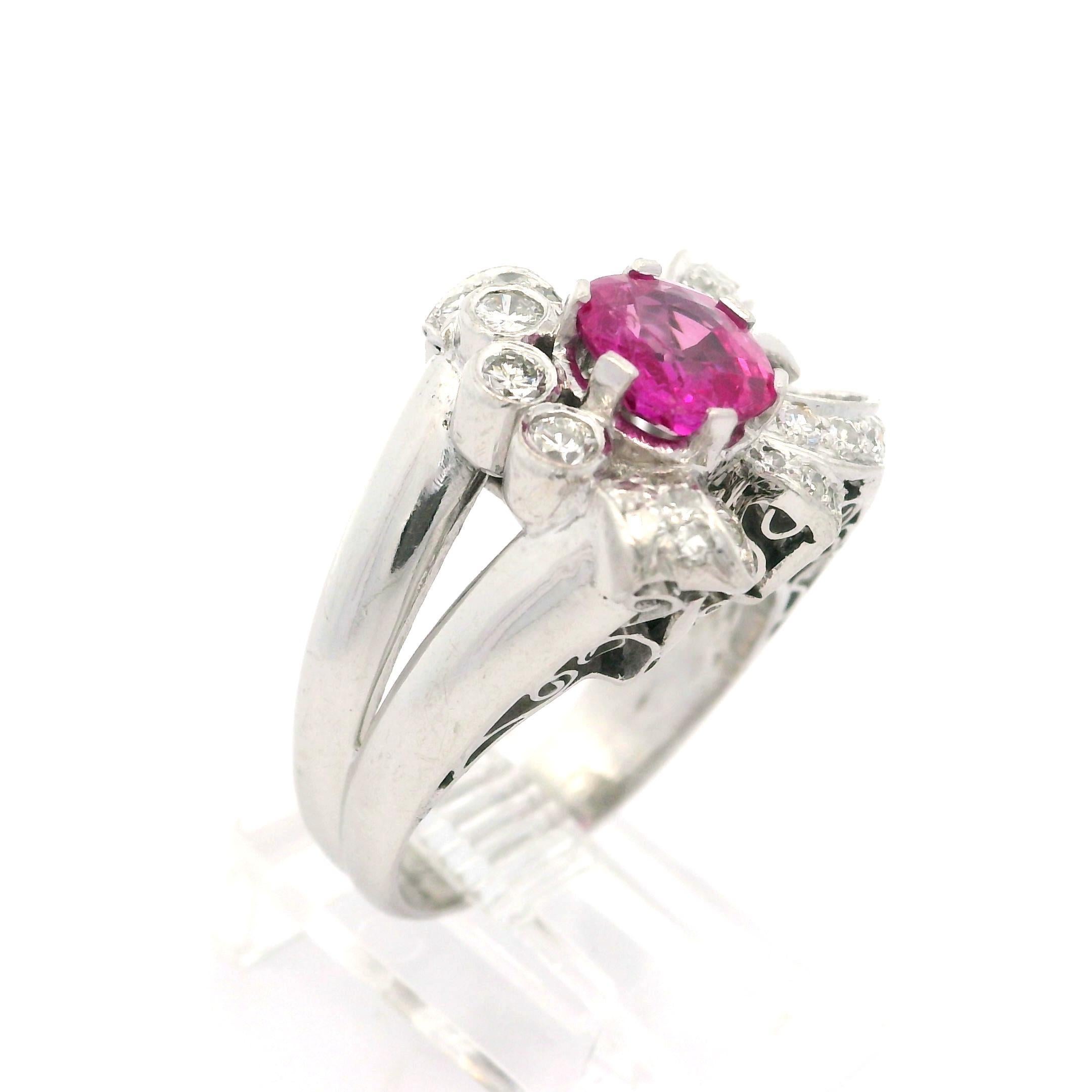 Vintage Platinum GIA 1.90ct Burma No Heat Pink Sapphire Diamond Ribbon Bow Ring For Sale 3