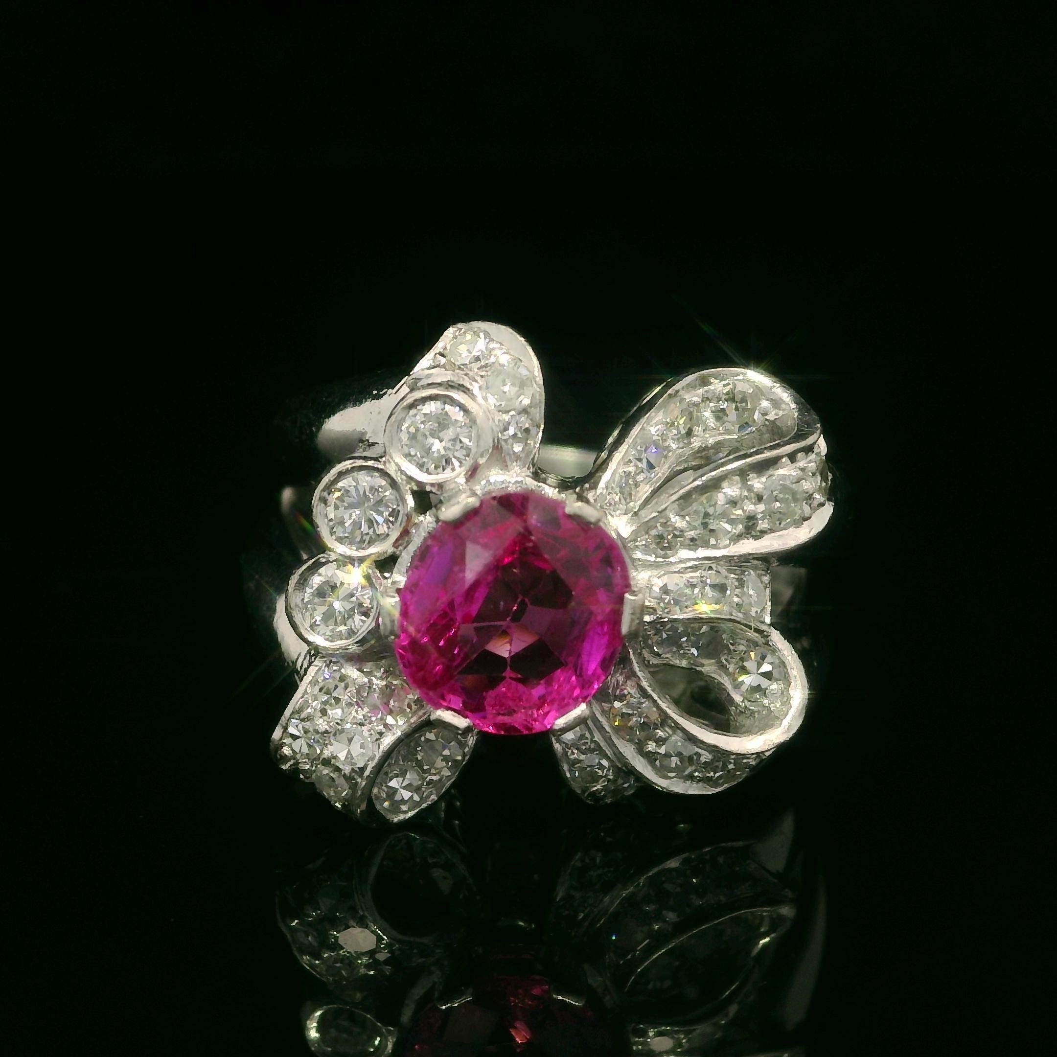 Vintage Platinum GIA 1.90ct Burma No Heat Pink Sapphire Diamond Ribbon Bow Ring For Sale 4