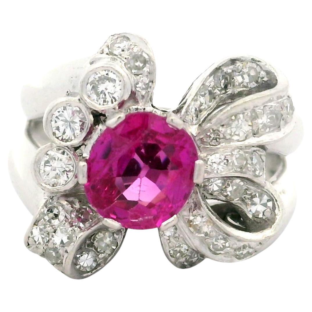 Vintage Platinum GIA 1.90ct Burma No Heat Pink Sapphire Diamond Ribbon Bow Ring For Sale