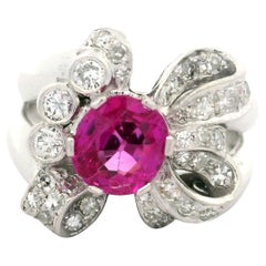 Vintage Platinum GIA 1.90ct Burma No Heat Pink Sapphire Diamond Ribbon Bow Ring