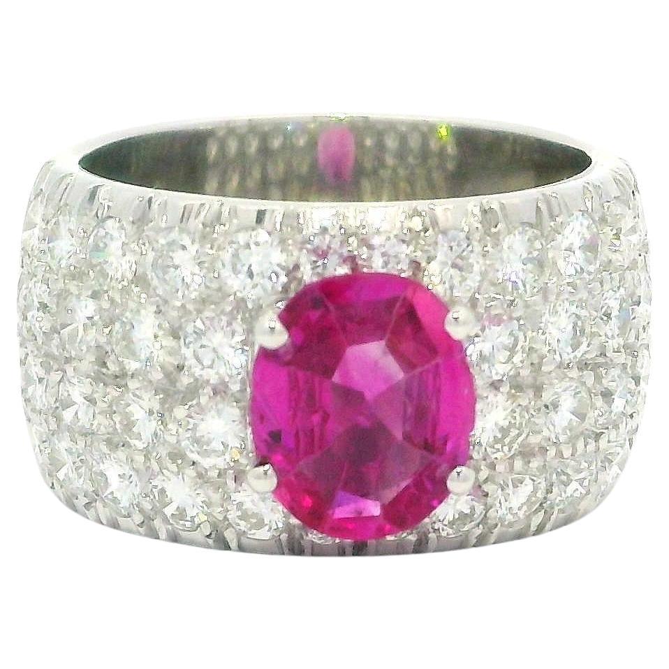 Vintage Platinum GIA 2.14ctw No Heat Burma Pink Sapphire Diamond Wide Band Ring