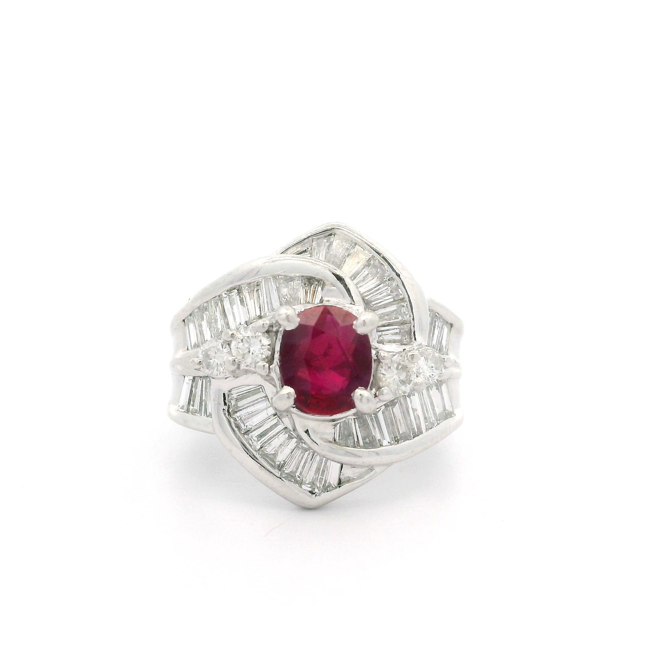 Vintage Platinum GIA 2.49ct Burma Ruby & Diamond Swirl Cocktail Statement Ring For Sale 6