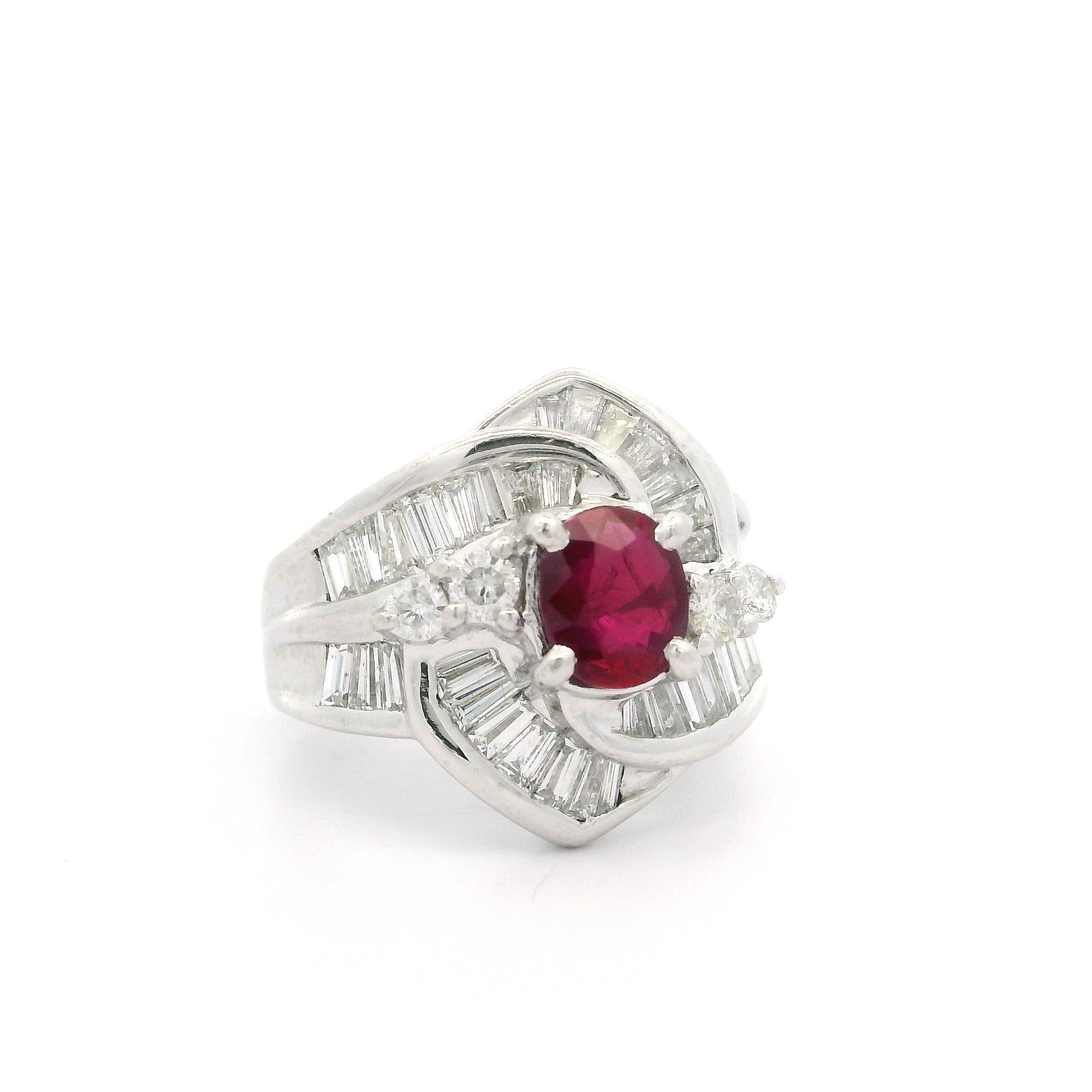 Vintage Platinum GIA 2.49ct Burma Ruby & Diamond Swirl Cocktail Statement Ring For Sale 7