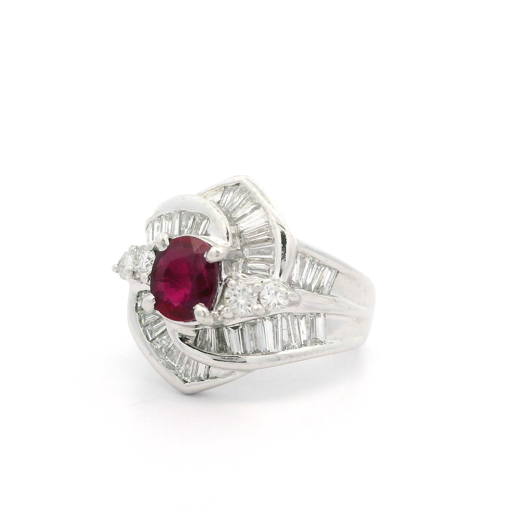 Vintage Platinum GIA 2.49ct Burma Ruby & Diamond Swirl Cocktail Statement Ring For Sale 8