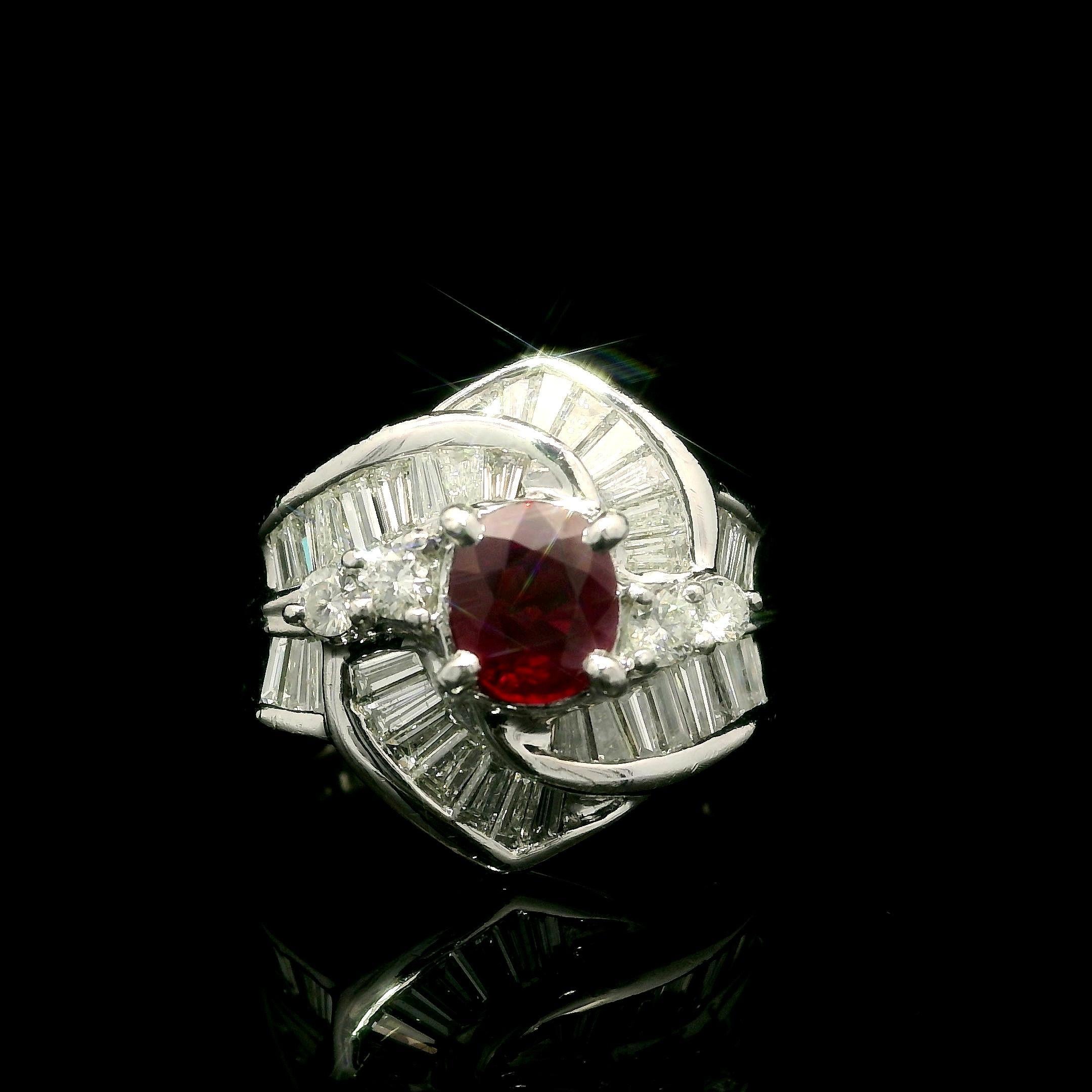 --Stone(s):--
(1) Natural Genuine Ruby - Oval Cut - Prong Set - Heated - Burma - Vivid Red Color - 0.99ct (exact-stamped)
** See Certification Details Below for Complete Info **
Numerous Natural Genuine Diamonds - Baguette & Round Brilliant Cut -