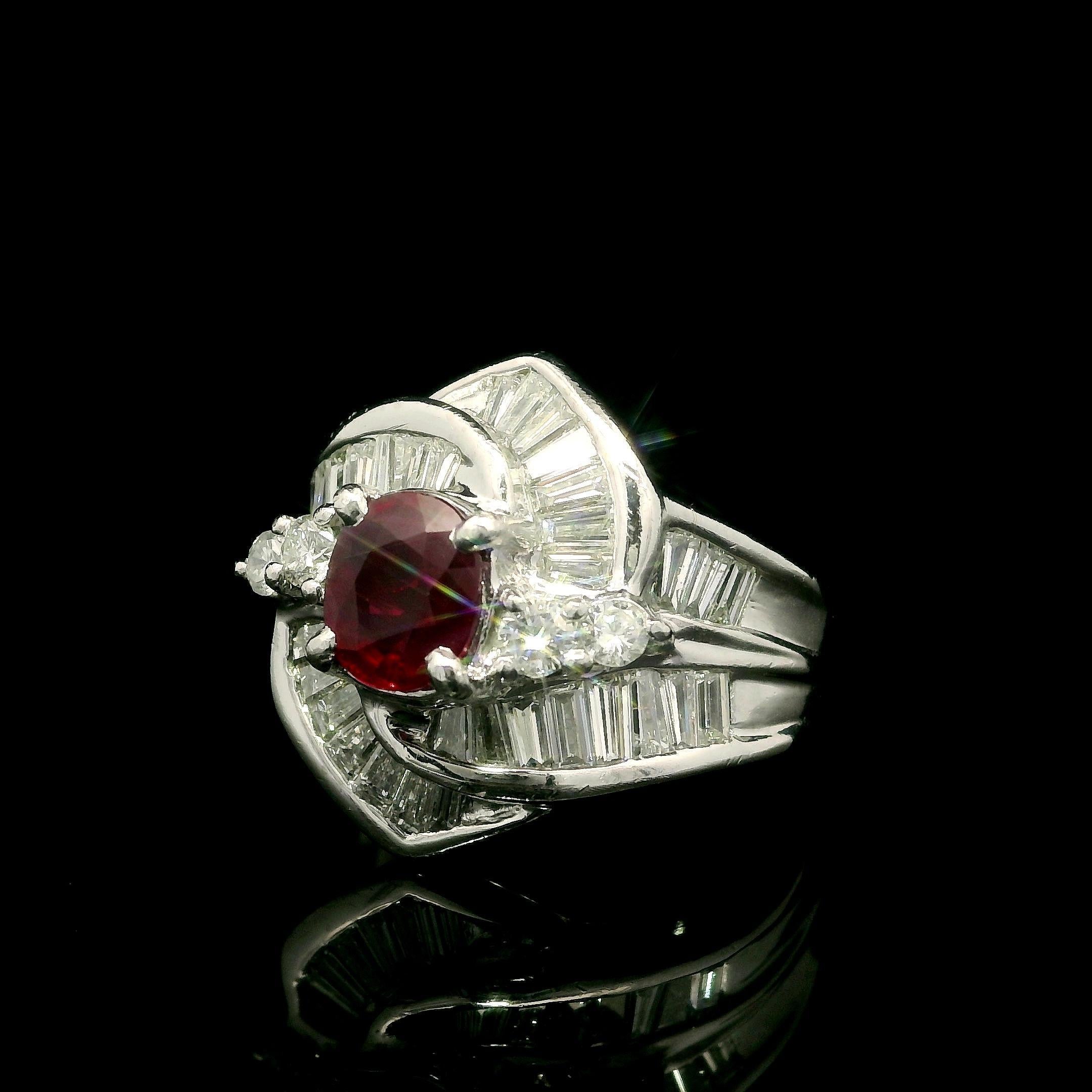 Oval Cut Vintage Platinum GIA 2.49ct Burma Ruby & Diamond Swirl Cocktail Statement Ring For Sale