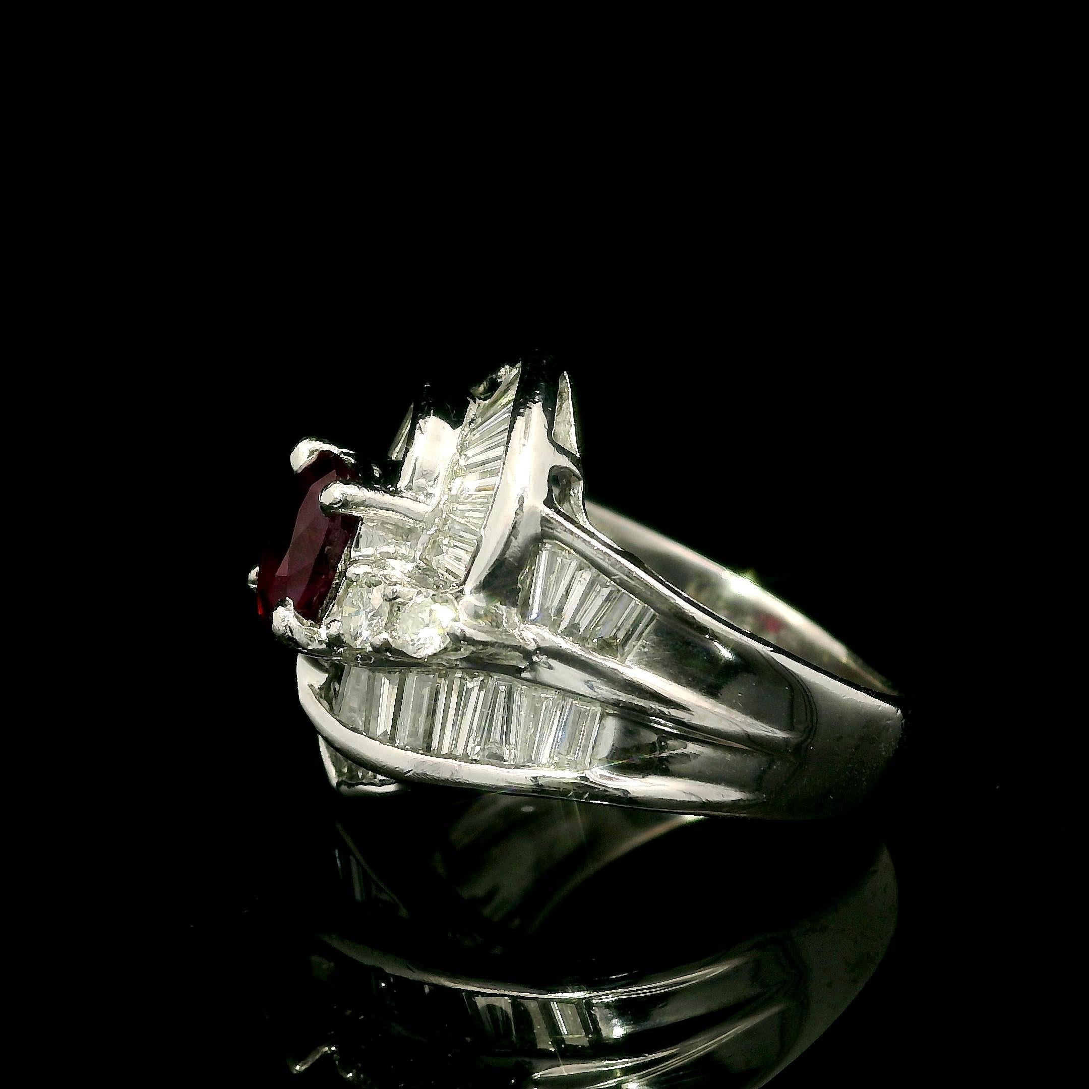 Vintage Platinum GIA 2.49ct Burma Ruby & Diamond Swirl Cocktail Statement Ring In Excellent Condition For Sale In Montclair, NJ