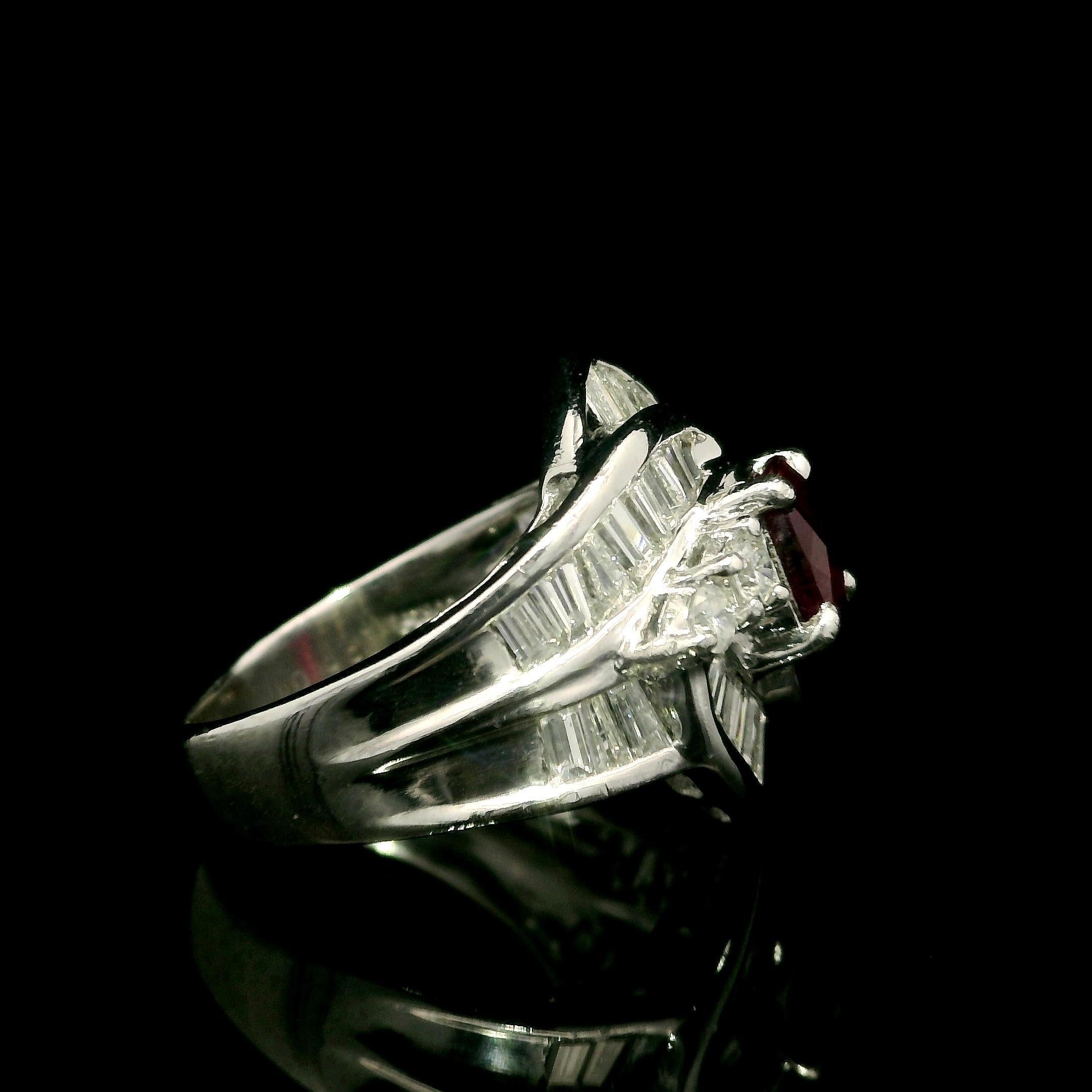 Women's Vintage Platinum GIA 2.49ct Burma Ruby & Diamond Swirl Cocktail Statement Ring For Sale
