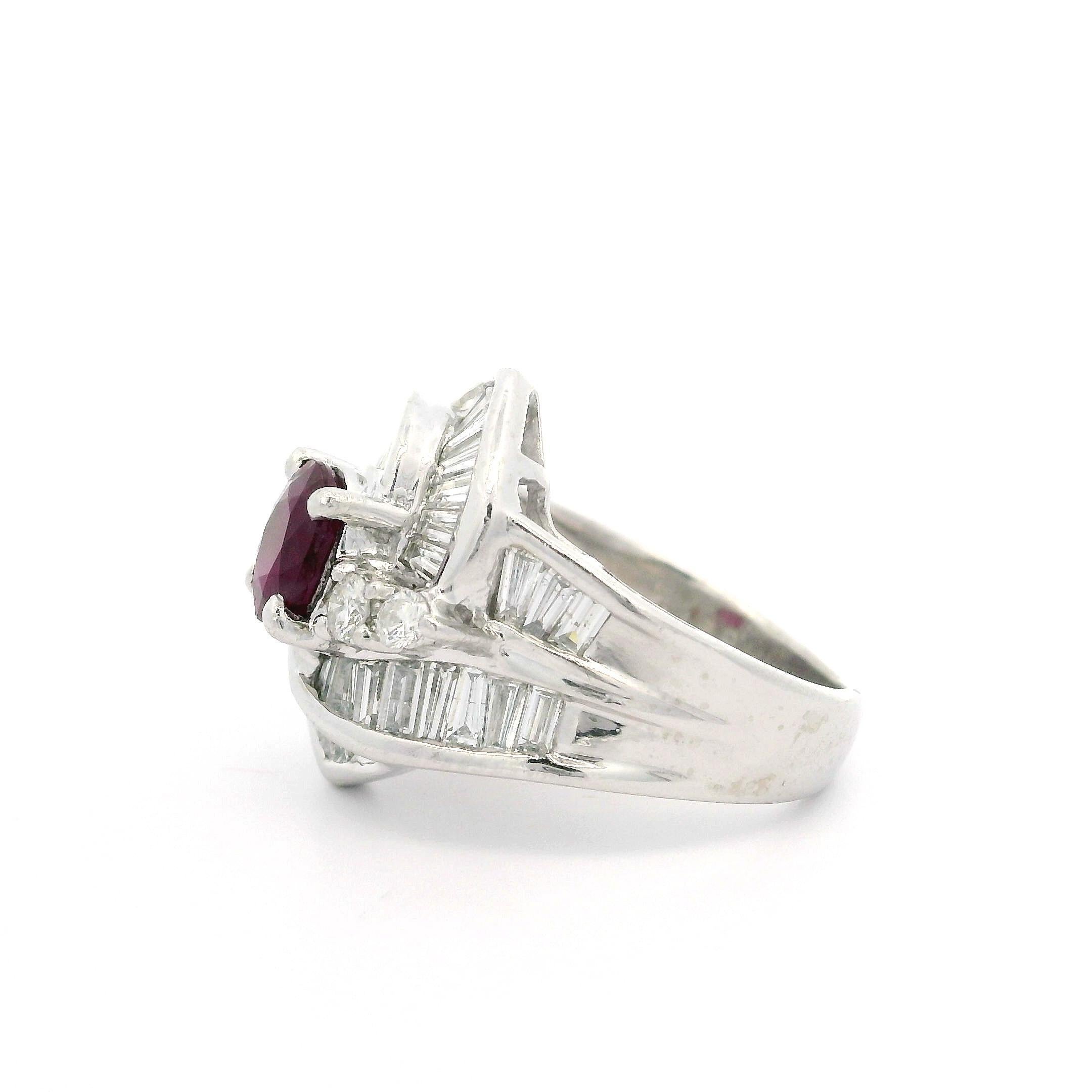 Vintage Platinum GIA 2.49ct Burma Ruby & Diamond Swirl Cocktail Statement Ring For Sale 2