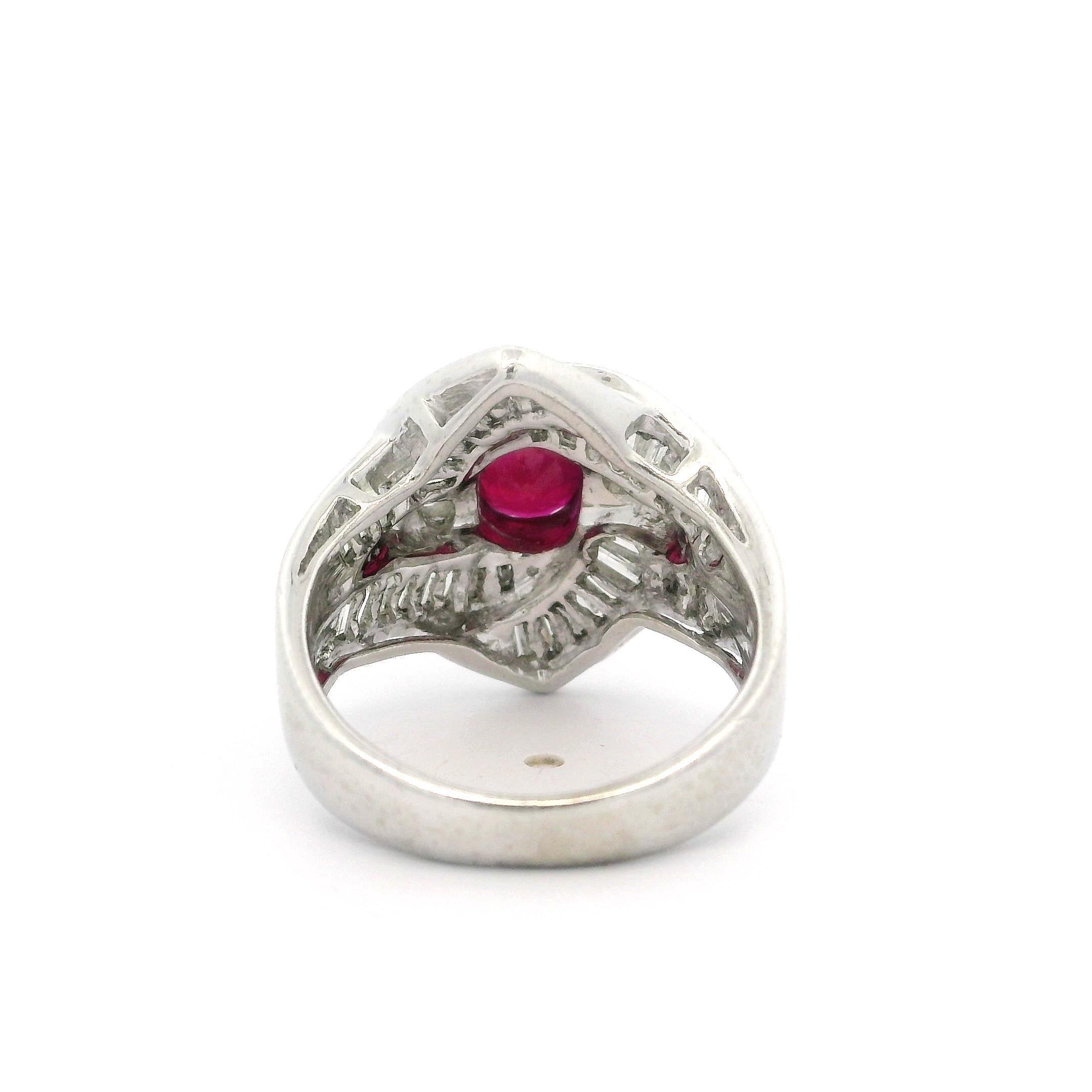 Vintage Platinum GIA 2.49ct Burma Ruby & Diamond Swirl Cocktail Statement Ring For Sale 3
