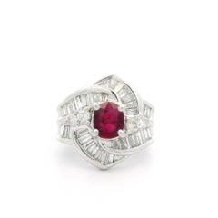 Vintage Platinum GIA 2.49ct Burma Ruby & Diamond Swirl Cocktail Statement Ring