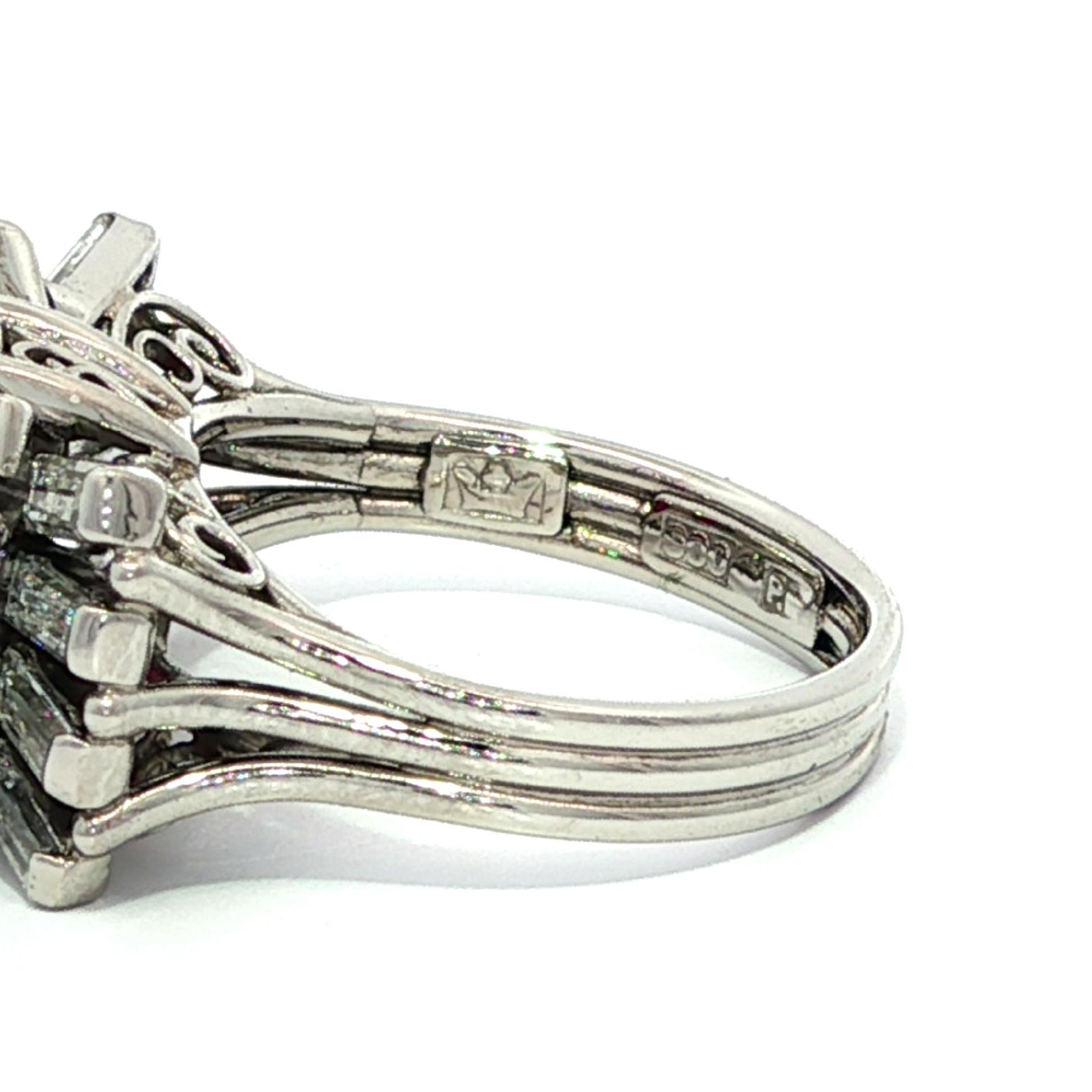 Vintage Platin GIA 2,49ct Cushion Rubin Flared Baguette Diamond Ribbon Bow Ring im Angebot 10