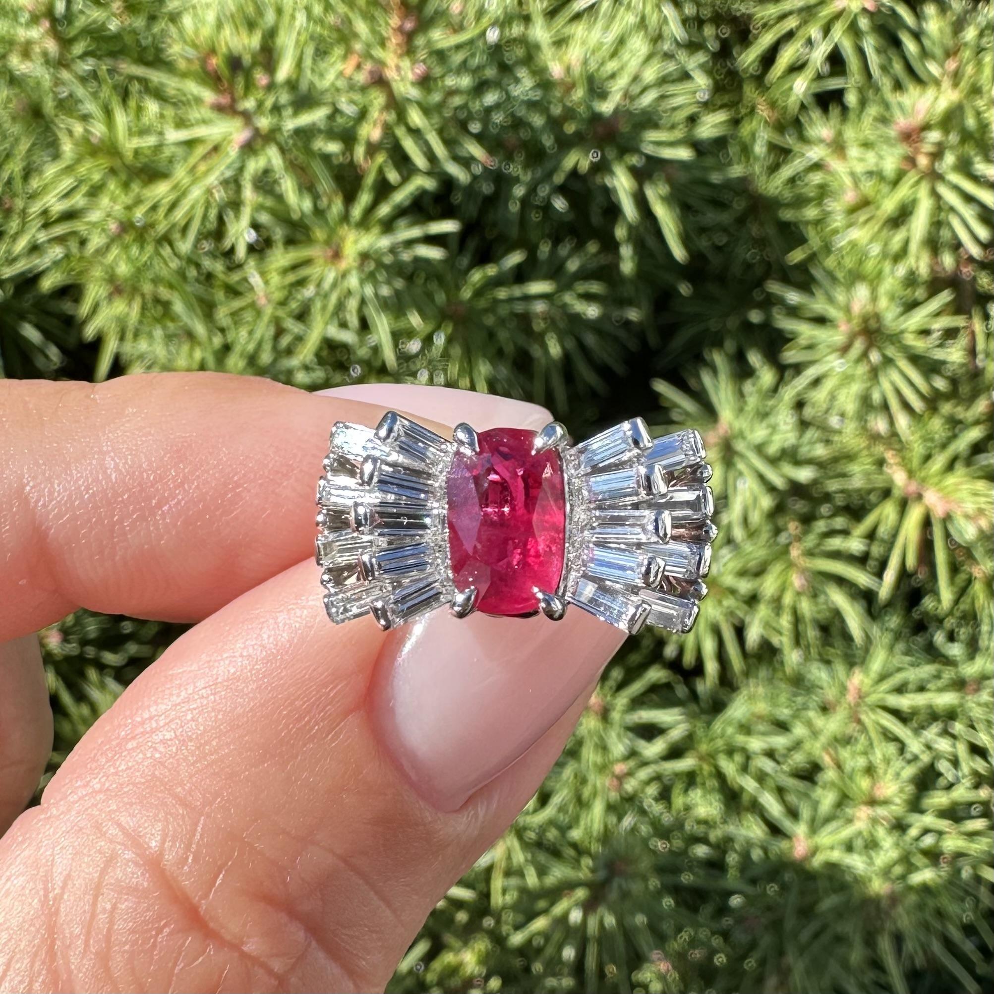 Vintage Platin GIA 2,49ct Cushion Rubin Flared Baguette Diamond Ribbon Bow Ring im Angebot 11