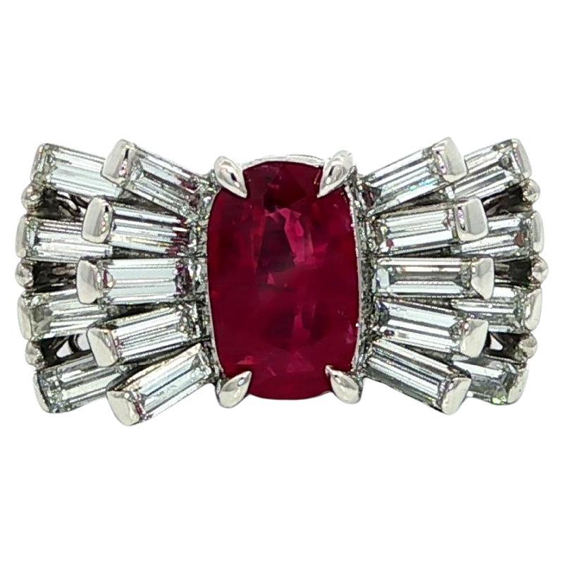 Vintage Platin GIA 2,49ct Cushion Rubin Flared Baguette Diamond Ribbon Bow Ring im Angebot