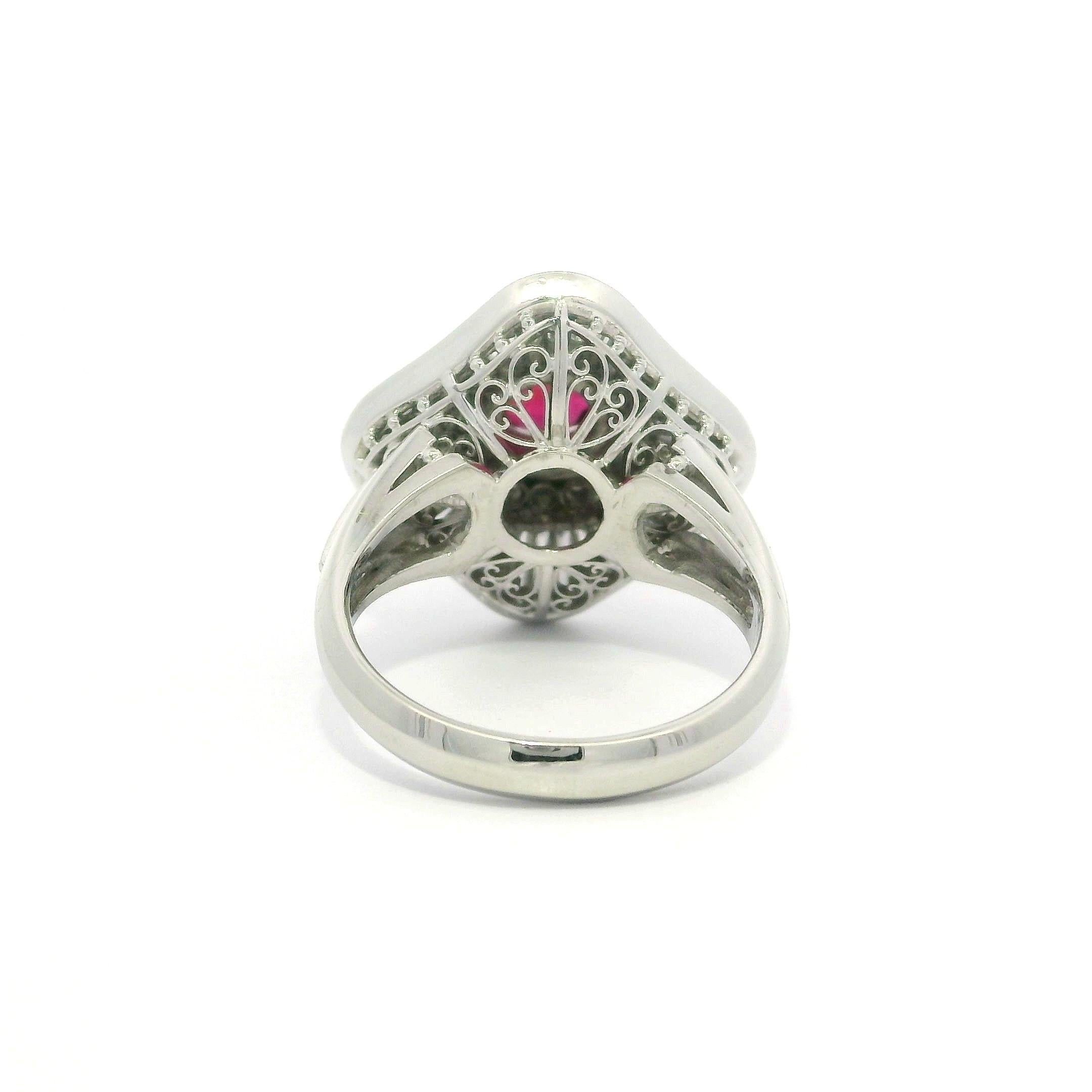 Vintage Platinum GIA 2.55ctw Vivid Red Ruby & Diamond Ballerina Cocktail Ring For Sale 5