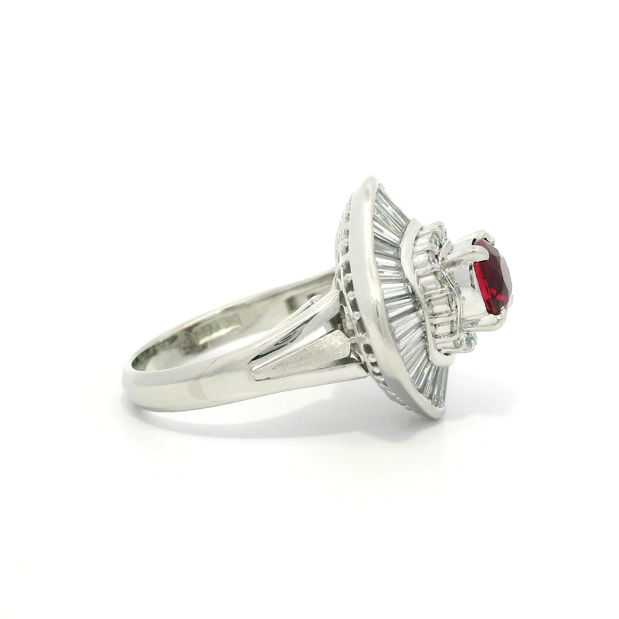 Vintage Platinum GIA 2.55ctw Vivid Red Ruby & Diamond Ballerina Cocktail Ring For Sale 6