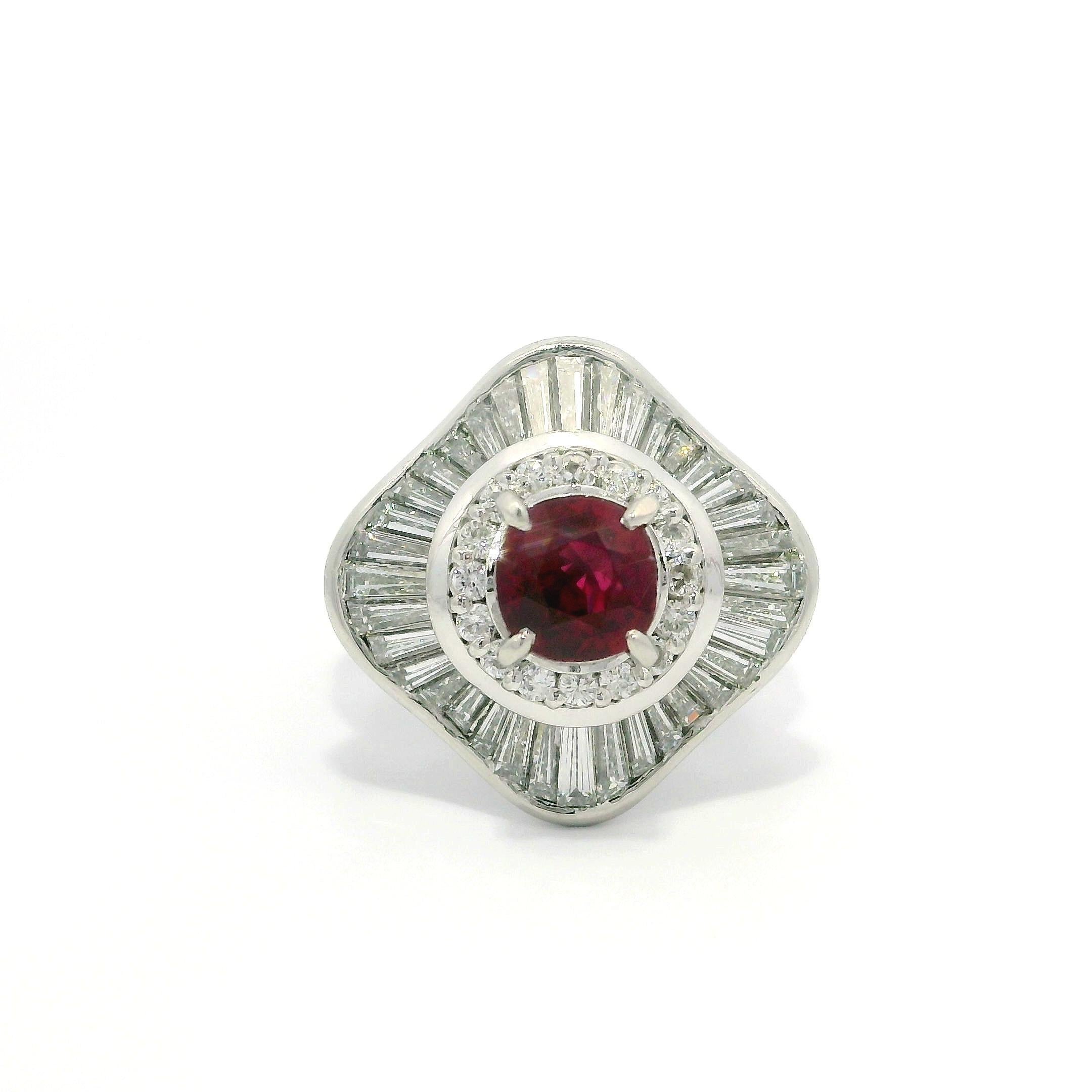 Vintage Platinum GIA 2.55ctw Vivid Red Ruby & Diamond Ballerina Cocktail Ring For Sale 1
