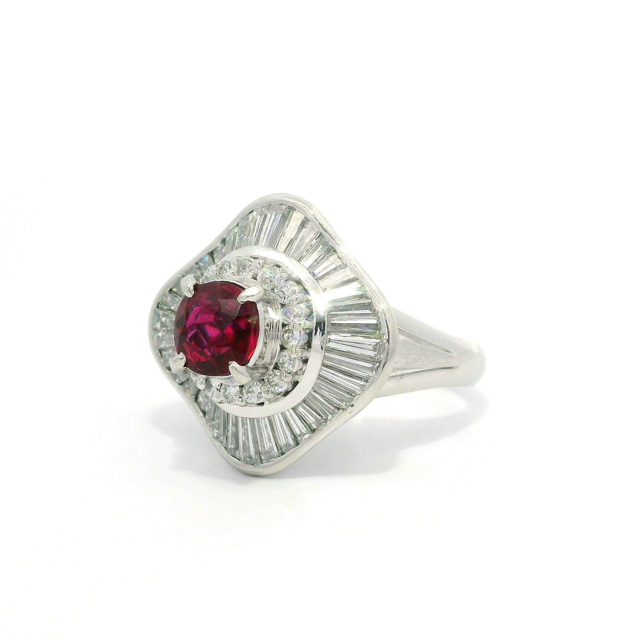 Vintage Platinum GIA 2.55ctw Vivid Red Ruby & Diamond Ballerina Cocktail Ring For Sale 3