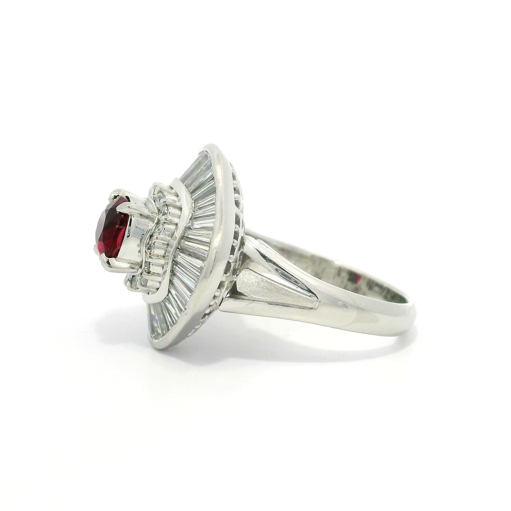 Vintage Platinum GIA 2.55ctw Vivid Red Ruby & Diamond Ballerina Cocktail Ring For Sale 4