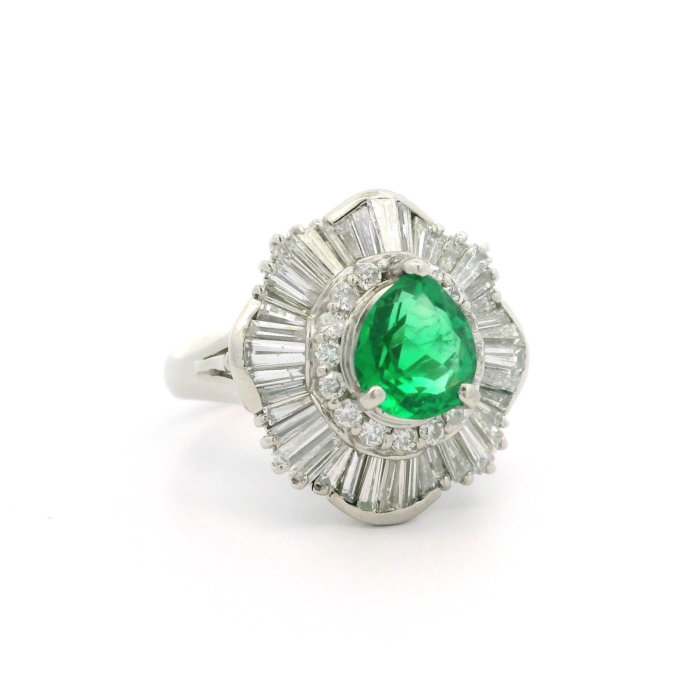 Vintage Platinum GIA 2.65ctw Pear Cut Emerald & Diamond Ballerina Cocktail Ring 6