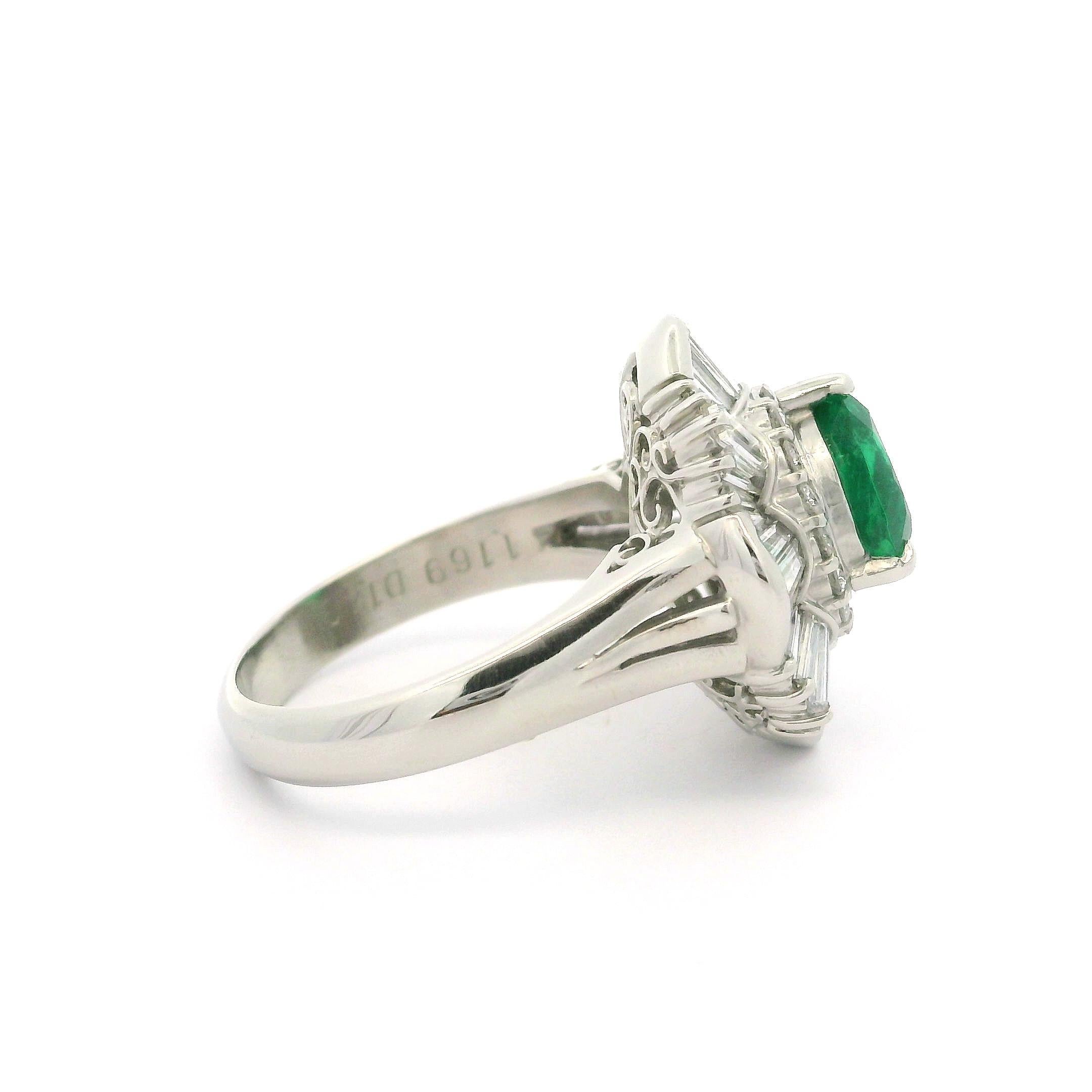 Women's Vintage Platinum GIA 2.65ctw Pear Cut Emerald & Diamond Ballerina Cocktail Ring