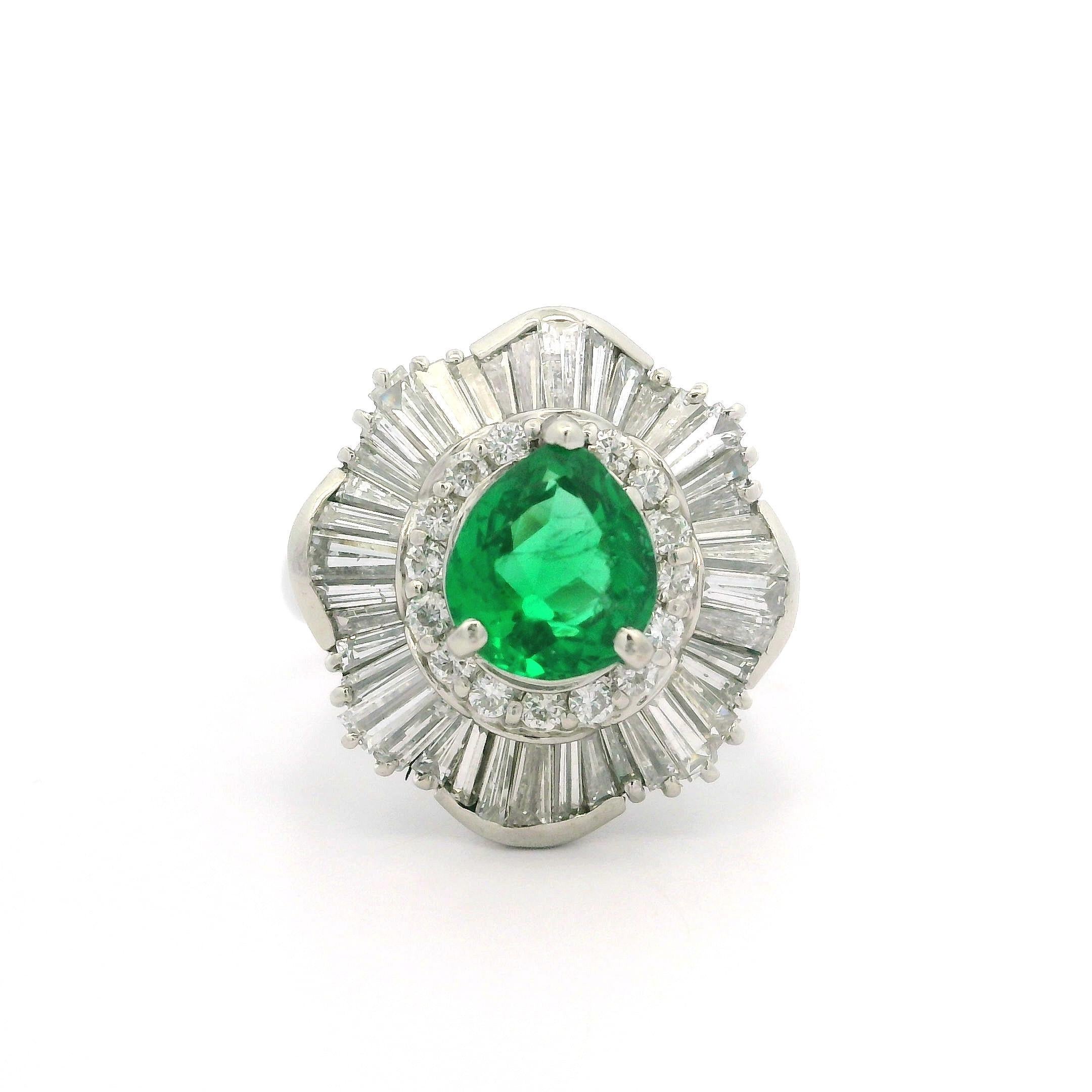 Vintage Platinum GIA 2.65ctw Pear Cut Emerald & Diamond Ballerina Cocktail Ring 5