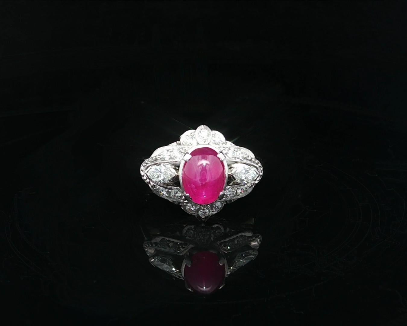 Vintage Platin GIA 2,72ctw Cabochon Star Rubin w / Marquise & Runde Diamant-Ring im Angebot 7