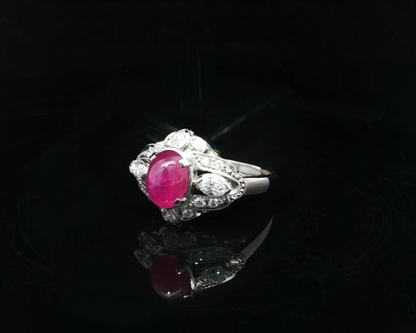 Vintage Platin GIA 2,72ctw Cabochon Star Rubin w / Marquise & Runde Diamant-Ring im Angebot 8