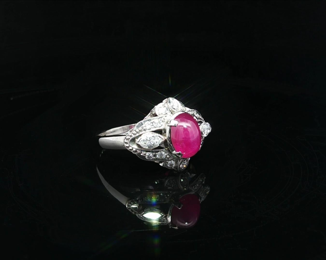 Vintage Platin GIA 2,72ctw Cabochon Star Rubin w / Marquise & Runde Diamant-Ring im Angebot 9