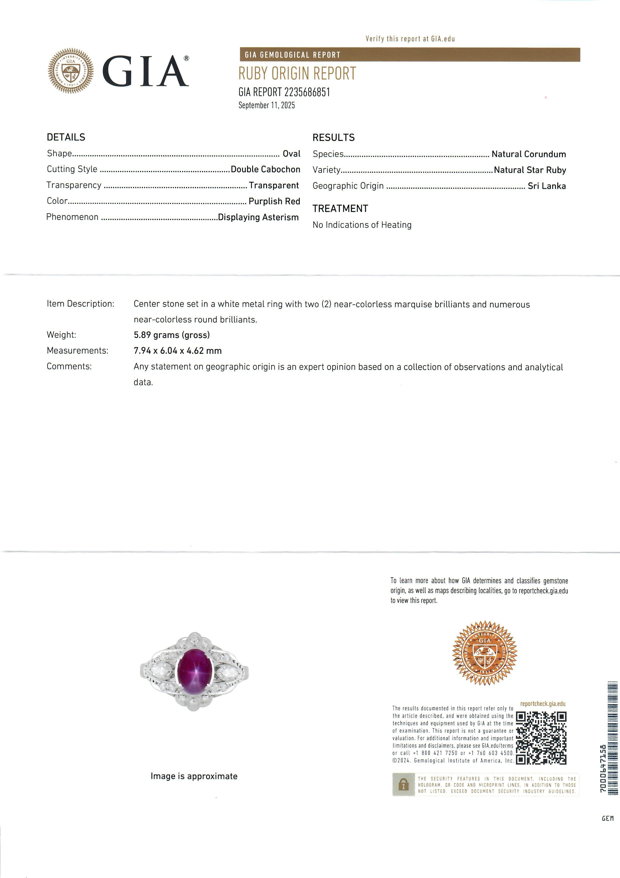 Vintage Platin GIA 2,72ctw Cabochon Star Rubin w / Marquise & Runde Diamant-Ring im Angebot 11