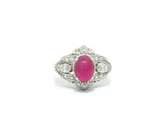 Vintage Platinum GIA 2.72ctw Cabochon Star Ruby w/ Marquise & Round Diamond Ring