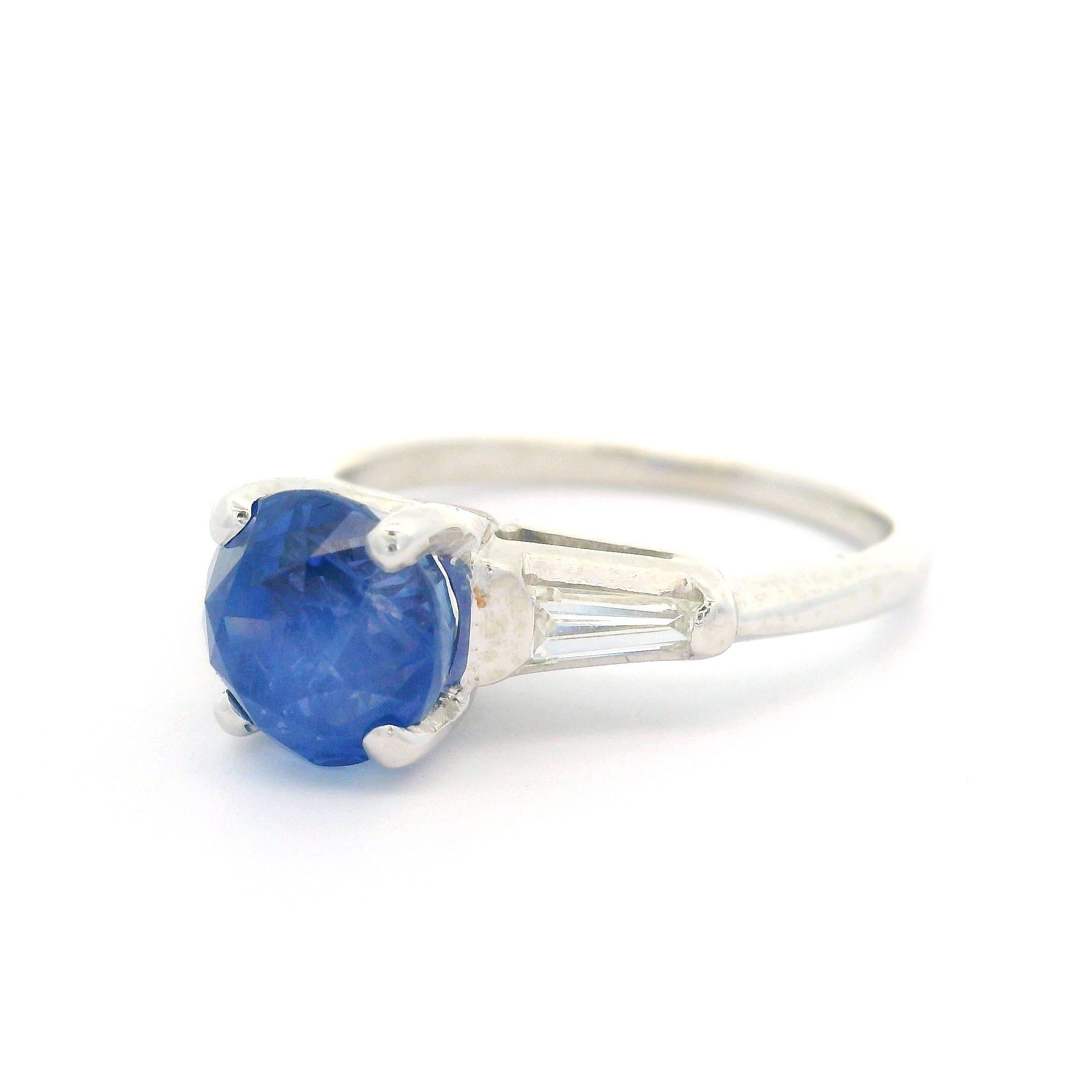 Vintage Platinum Gia 2.82ctw Chunky No Heat Sapphire & Baguette Diamond Ring For Sale 5