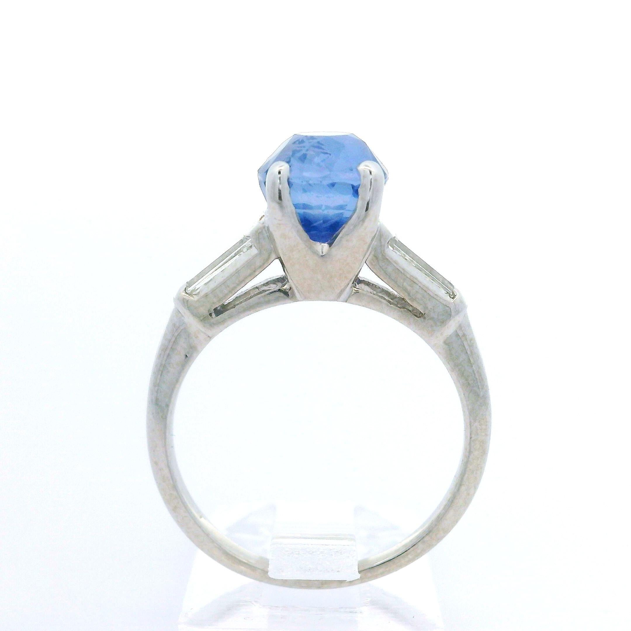 Vintage Platinum Gia 2.82ctw Chunky No Heat Sapphire & Baguette Diamond Ring For Sale 6