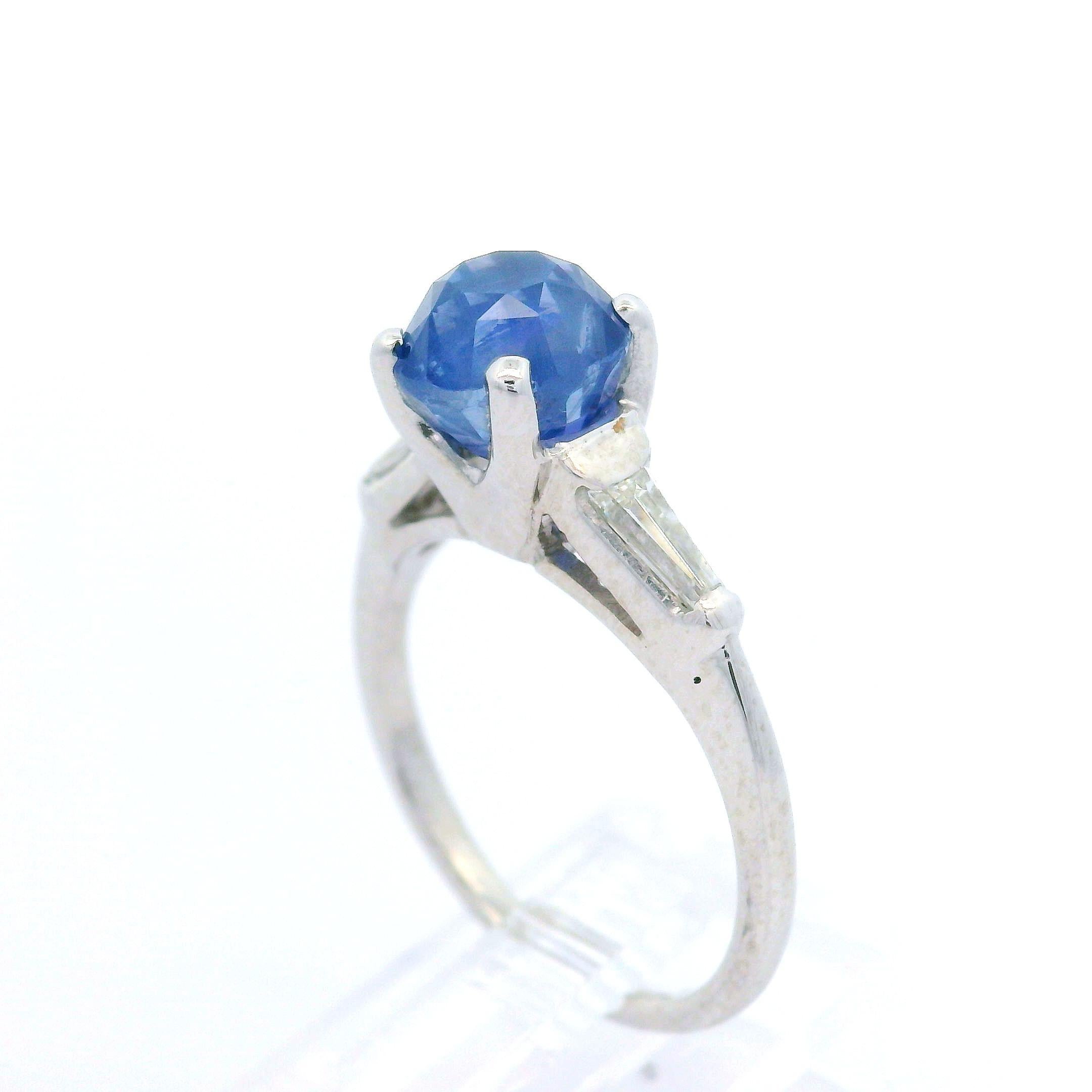Vintage Platinum Gia 2.82ctw Chunky No Heat Sapphire & Baguette Diamond Ring For Sale 7