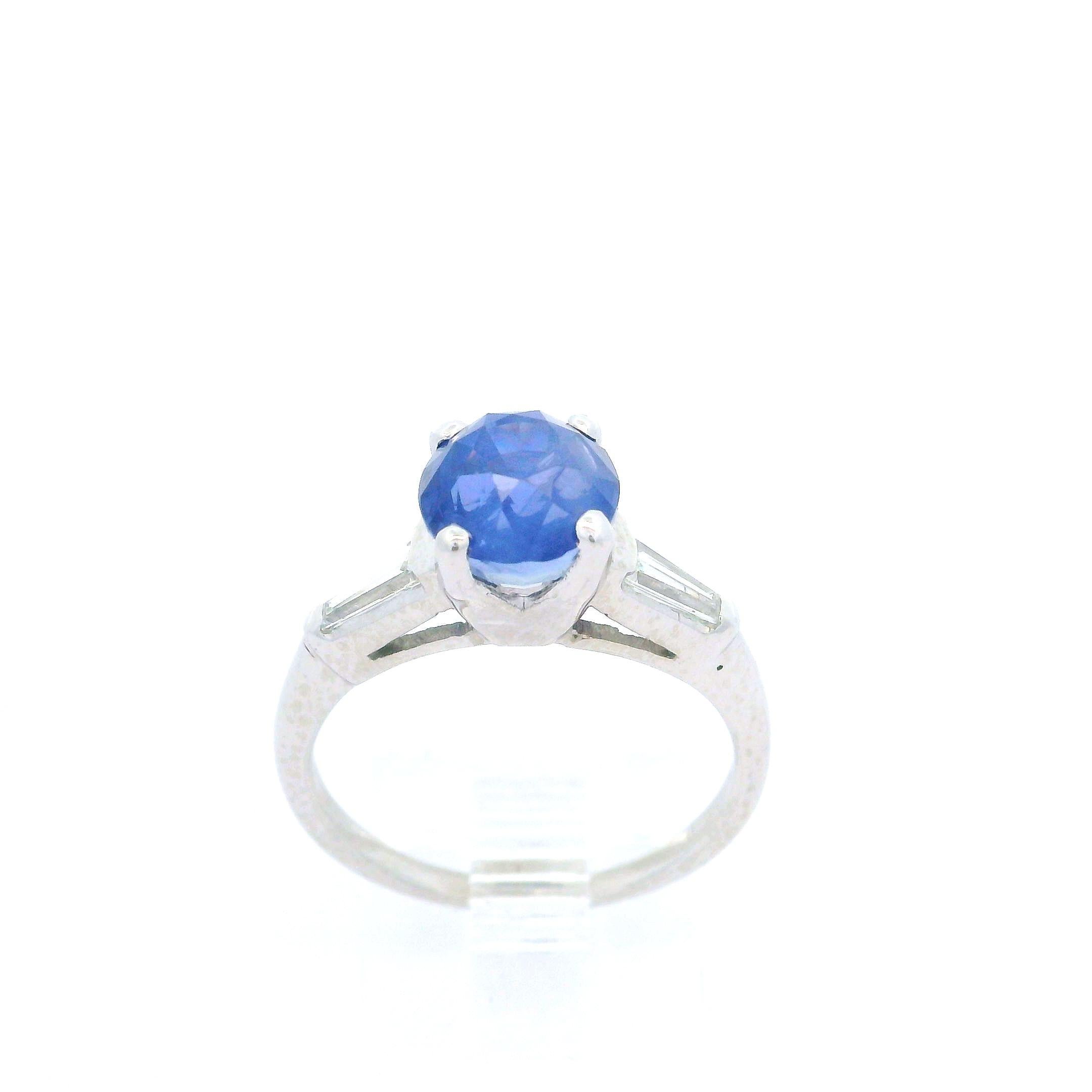 Vintage Platinum Gia 2.82ctw Chunky No Heat Sapphire & Baguette Diamond Ring For Sale 9