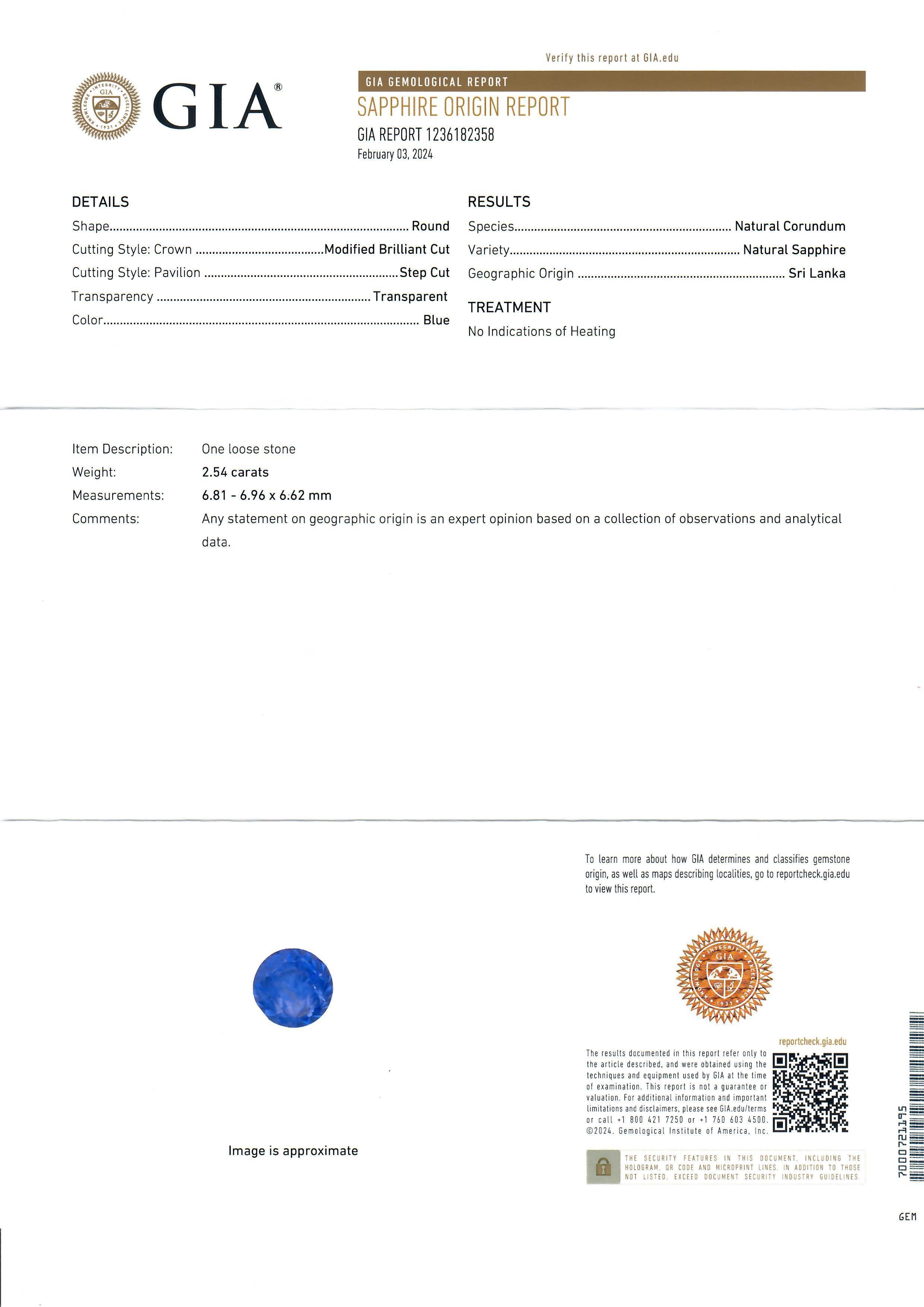 --Stone(s):--
(1) Natural Genuine Sapphire - Chunky Old Round Cut - Hight Crown - Prong Set - Nice Blue Color - Natural Silk - No Heat - 2.54ct (exact, certified)
**See Certification Details Below**
(2) Natural Genuine Diamonds - Tapered Baguette