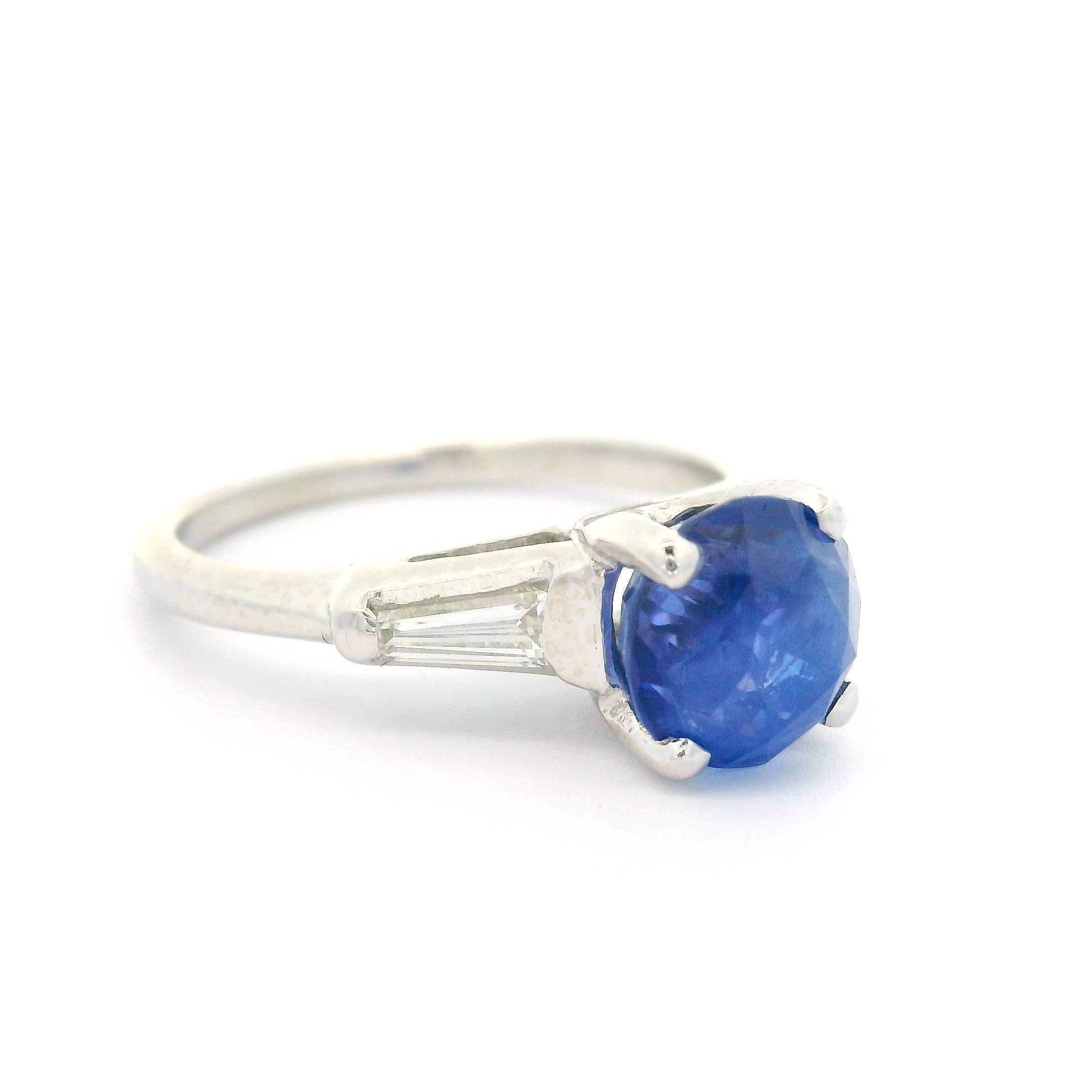Vintage Platinum Gia 2.82ctw Chunky No Heat Sapphire & Baguette Diamond Ring For Sale 4