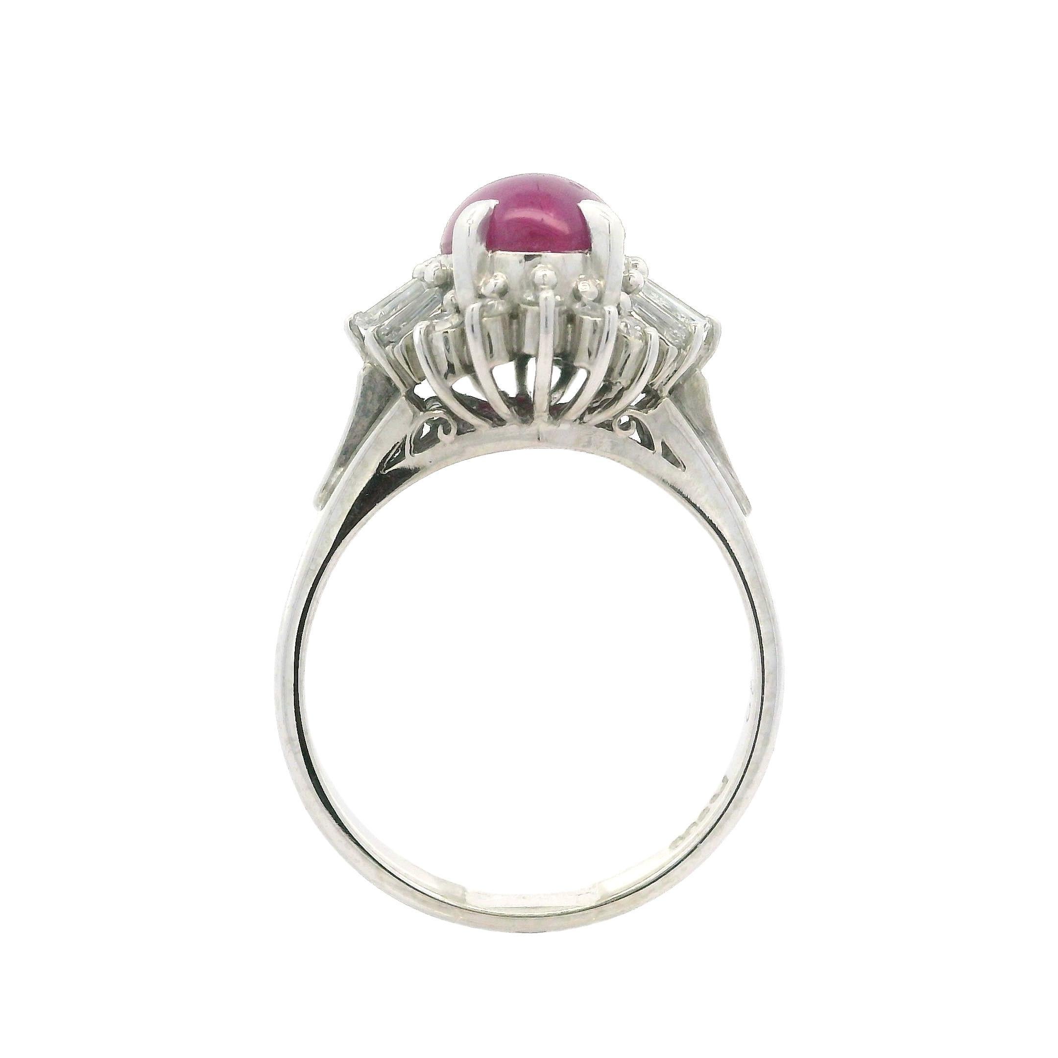 Vintage Platinum GIA 2.89ctw Cabochon Star Ruby & Diamond Halo Cocktail Ring For Sale 7