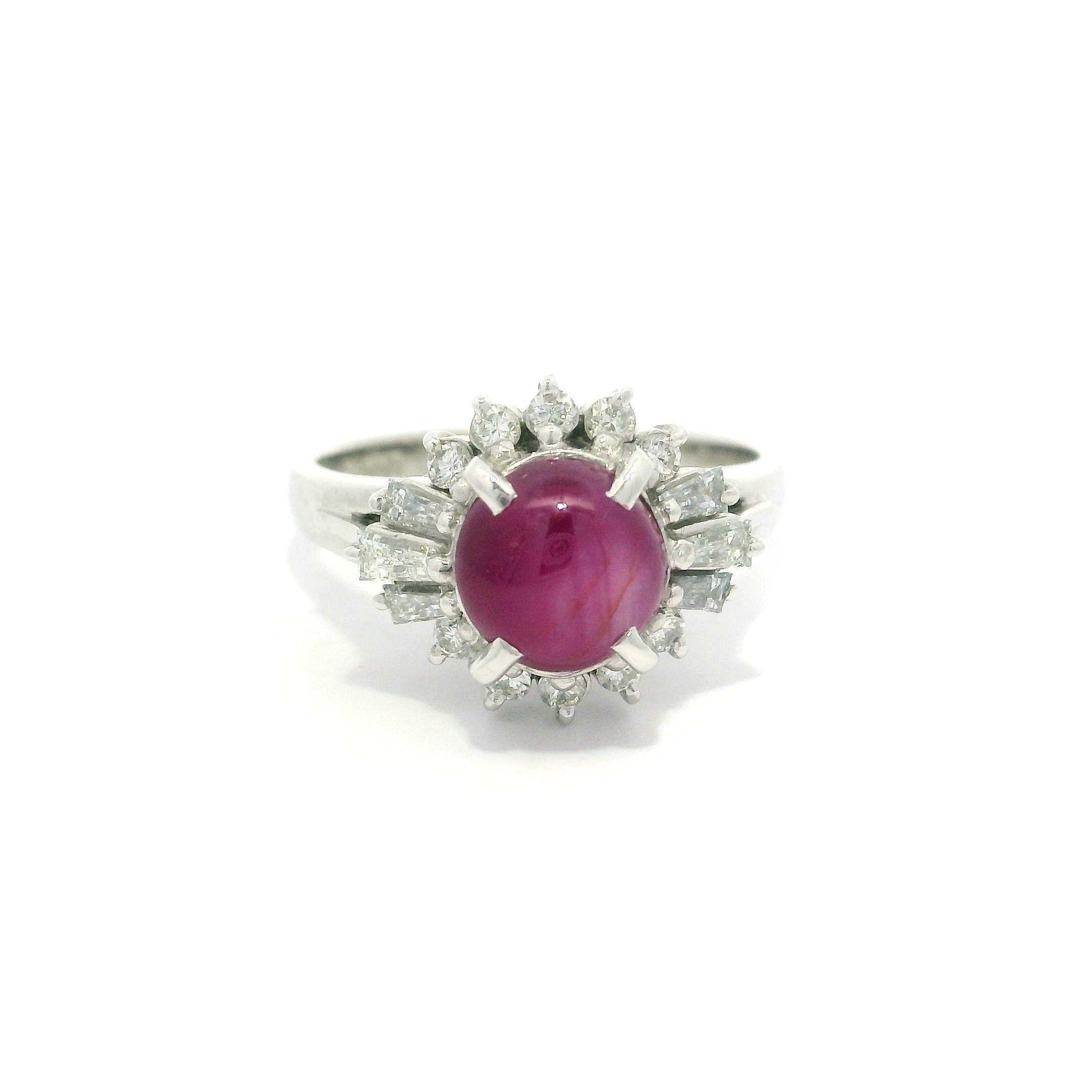 Vintage Platinum GIA 2.89ctw Cabochon Star Ruby & Diamond Halo Cocktail Ring For Sale 8